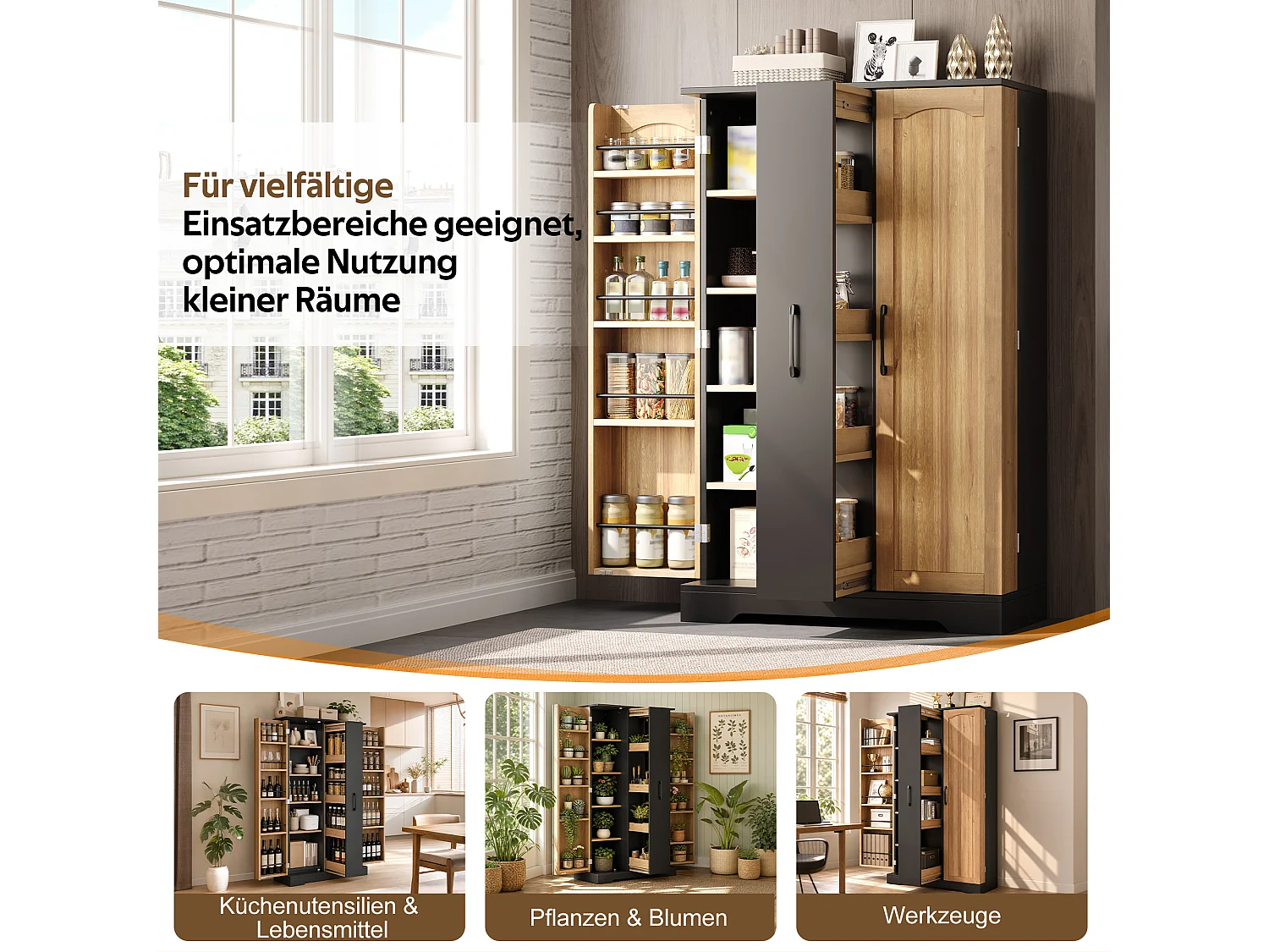 Kitchen sideboard with spice rack, 2 doors and 4-tier sliding storage - MDF - 78 x 40 x 150 cm - Black + natural