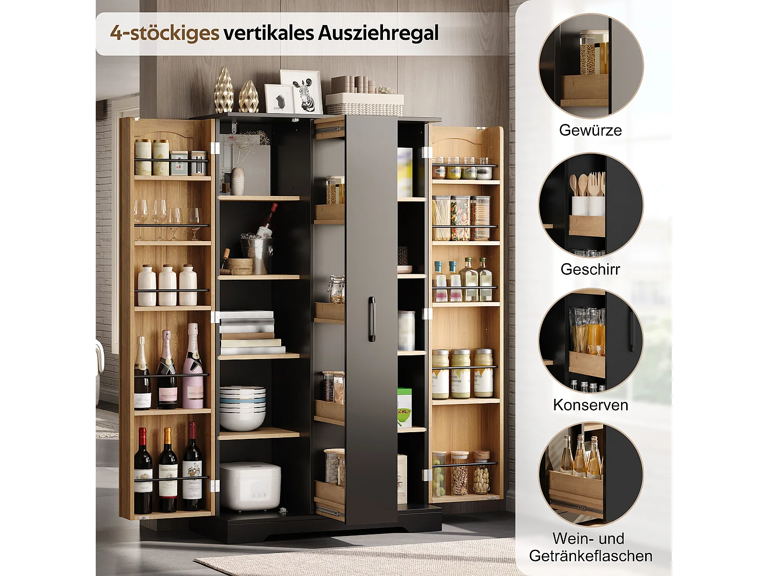 Kitchen sideboard with spice rack, 2 doors and 4-tier sliding storage - MDF - 78 x 40 x 150 cm - Black + natural