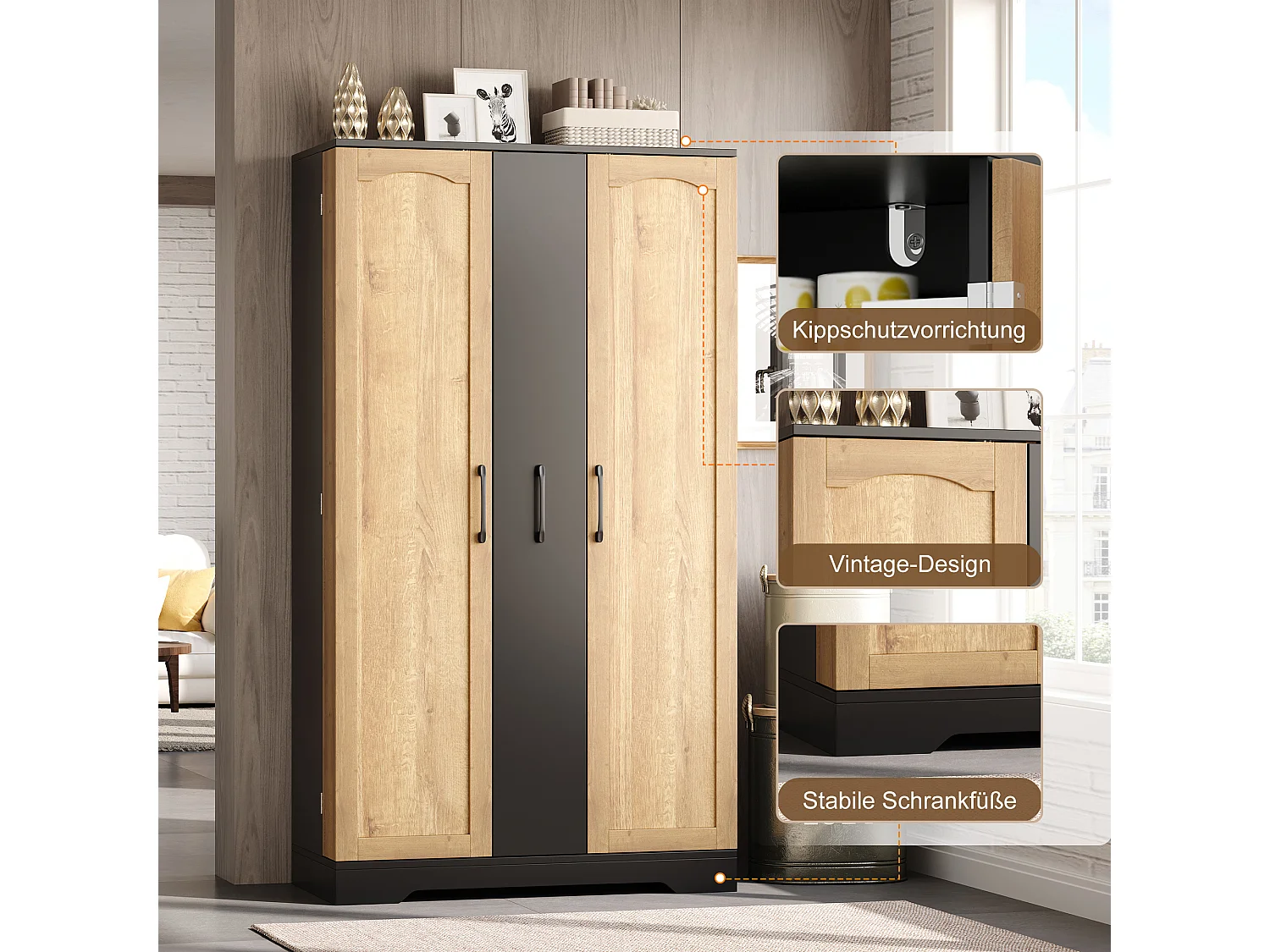 Kitchen sideboard with spice rack, 2 doors and 4-tier sliding storage - MDF - 78 x 40 x 150 cm - Black + natural
