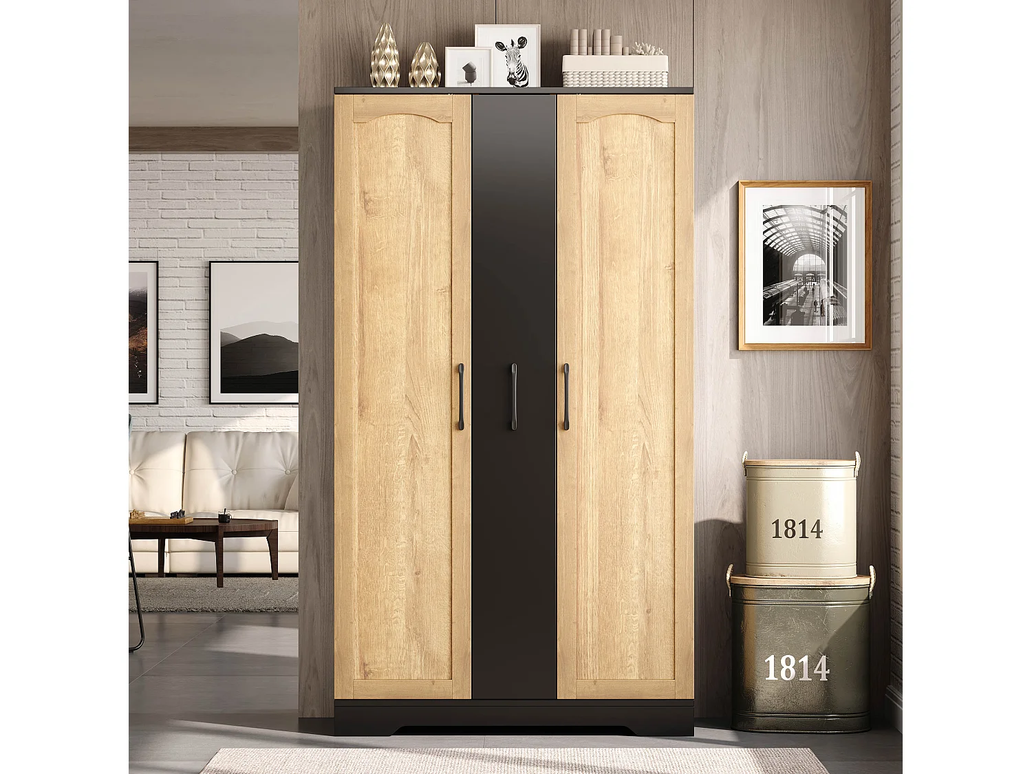 Kitchen sideboard with spice rack, 2 doors and 4-tier sliding storage - MDF - 78 x 40 x 150 cm - Black + natural