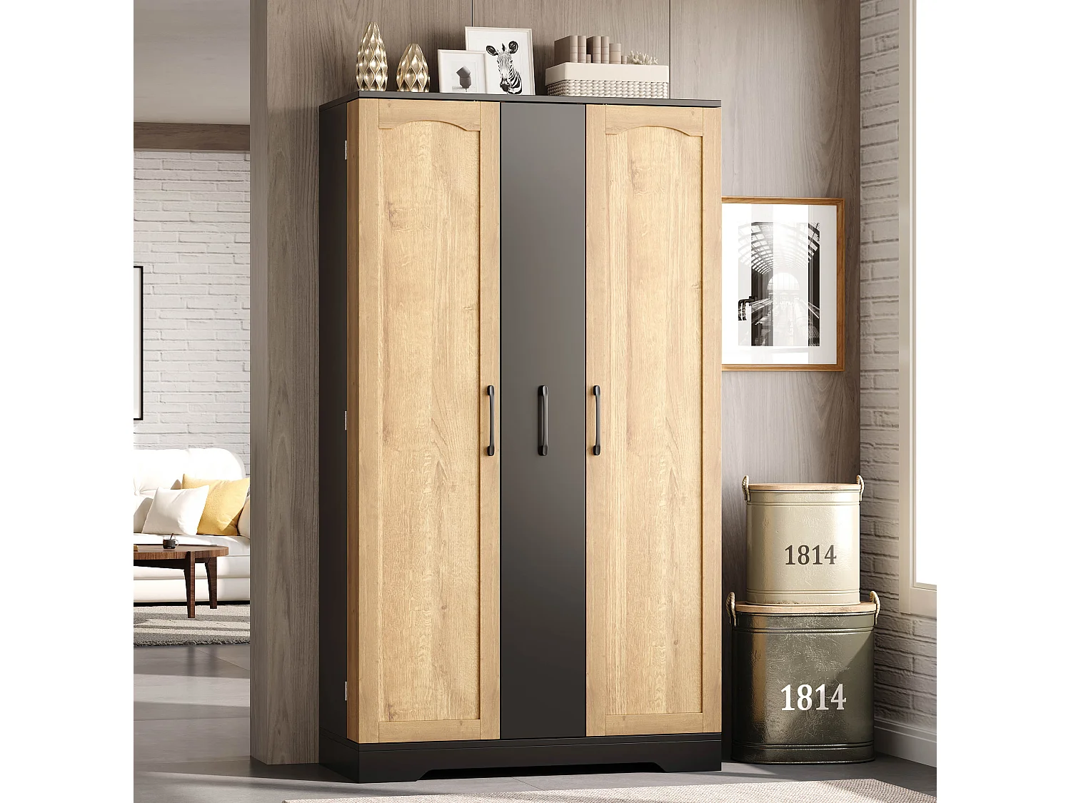 Kitchen sideboard with spice rack, 2 doors and 4-tier sliding storage - MDF - 78 x 40 x 150 cm - Black + natural