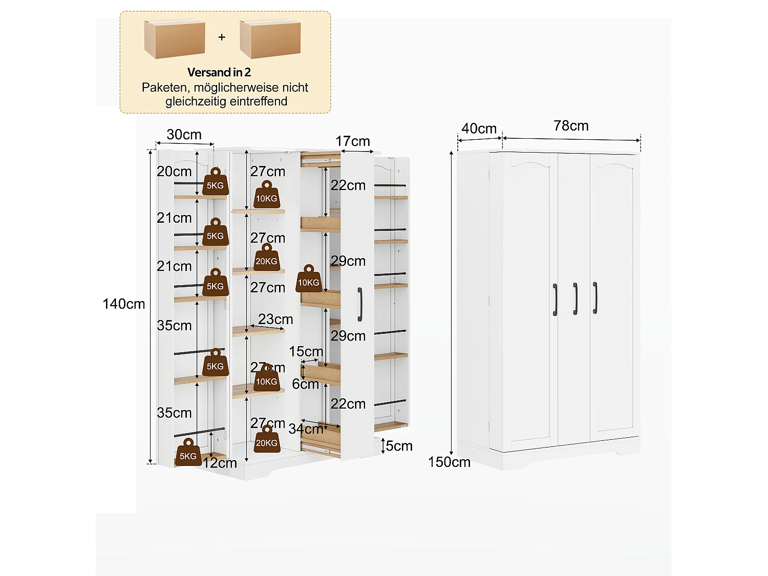 Kitchen sideboard with spice rack, 2 doors and 4-tier sliding storage - MDF - 78 x 40 x 150 cm - White