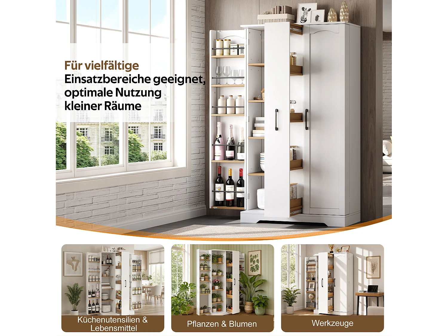 Kitchen sideboard with spice rack, 2 doors and 4-tier sliding storage - MDF - 78 x 40 x 150 cm - White