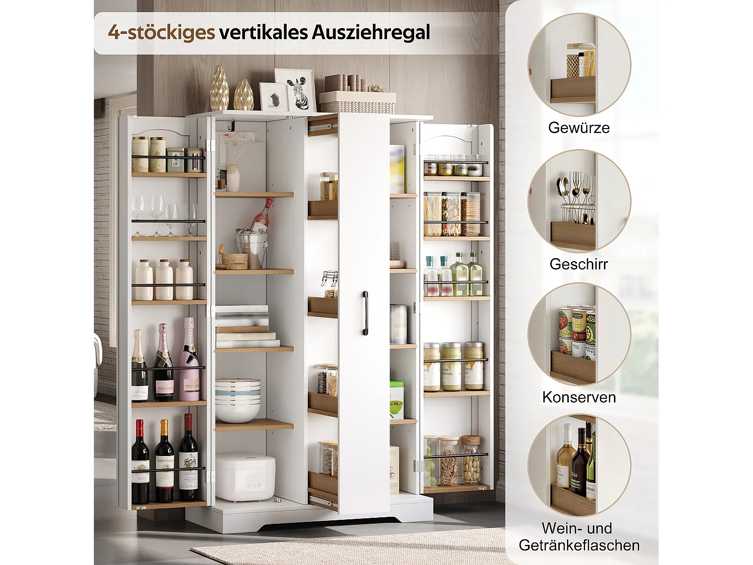 Kitchen sideboard with spice rack, 2 doors and 4-tier sliding storage - MDF - 78 x 40 x 150 cm - White