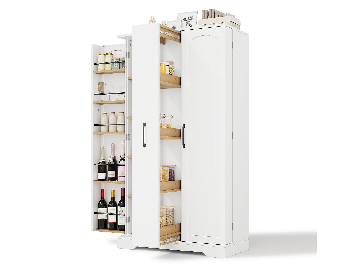Kitchen sideboard with spice rack, 2 doors and 4-tier sliding storage - MDF - 78 x 40 x 150 cm - White