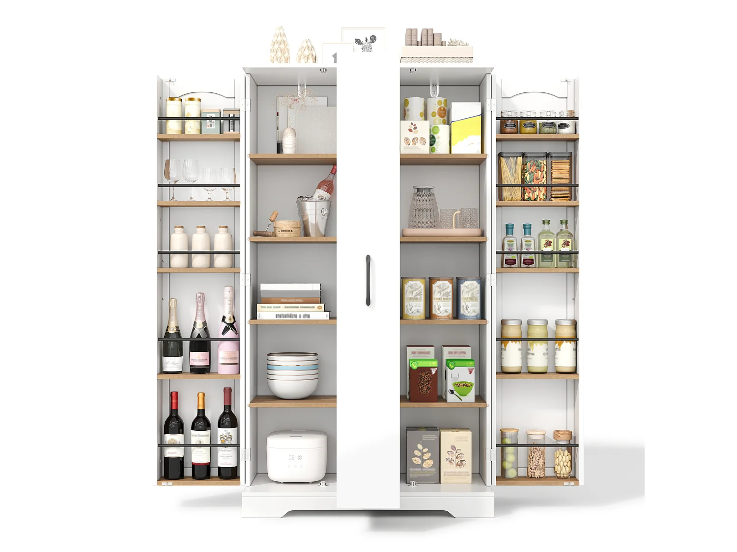 Kitchen sideboard with spice rack, 2 doors and 4-tier sliding storage - MDF - 78 x 40 x 150 cm - White