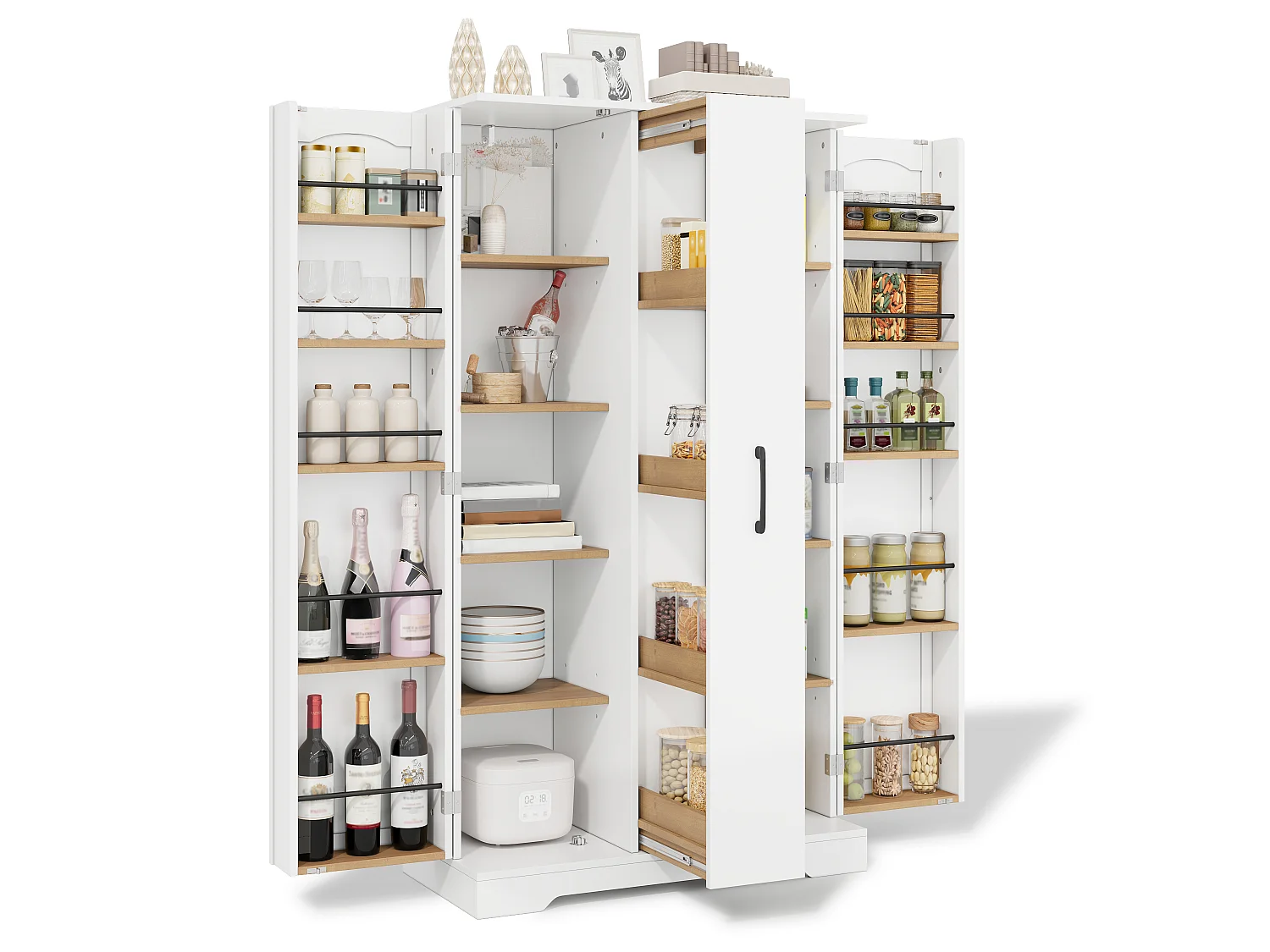 Kitchen sideboard with spice rack, 2 doors and 4-tier sliding storage - MDF - 78 x 40 x 150 cm - White