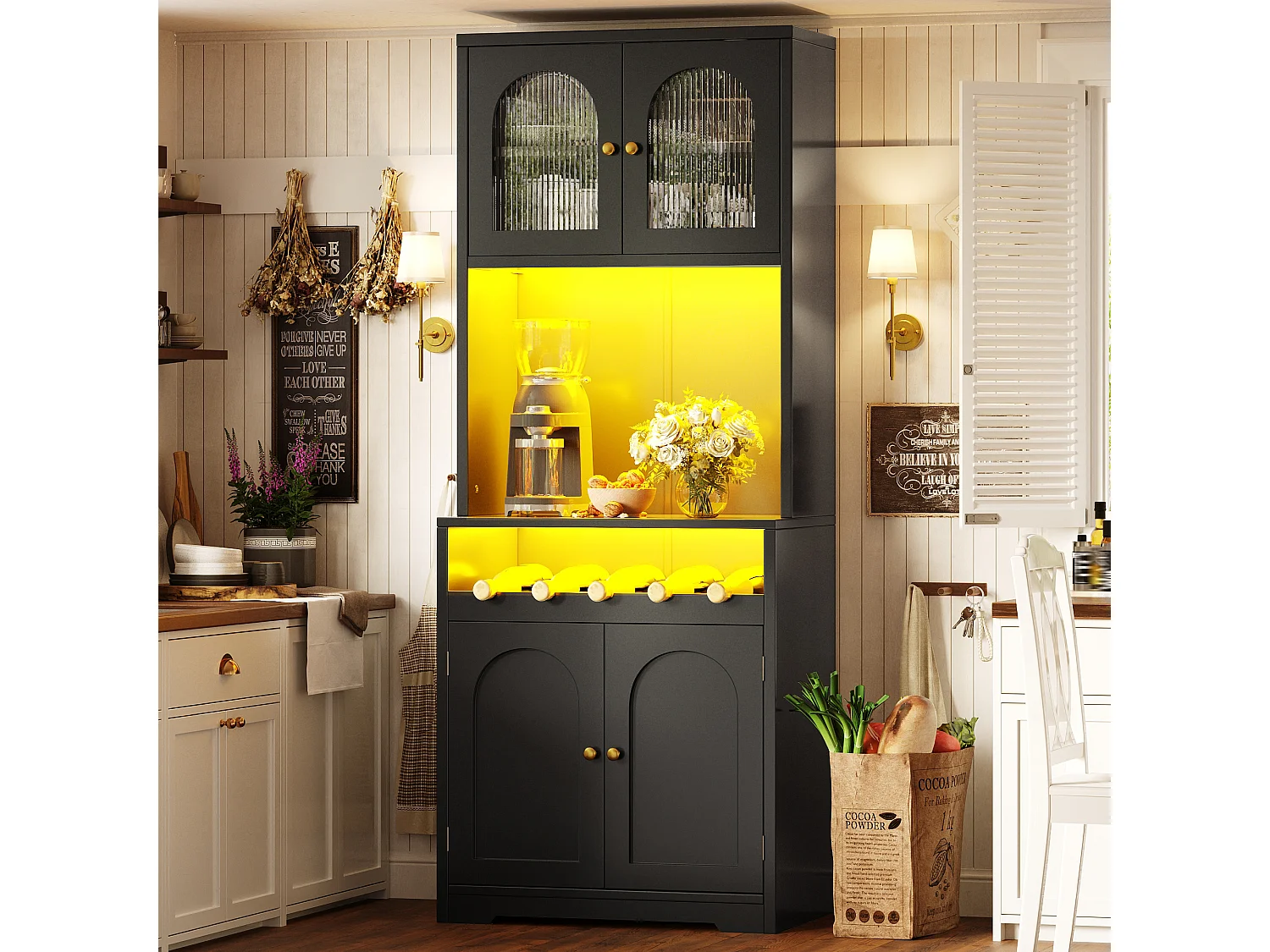 High kitchen sideboard with LED lighting, 4 curved doors and wine rack - MDF, glass and metal - 70 × 38.3 × 180 cm - Black