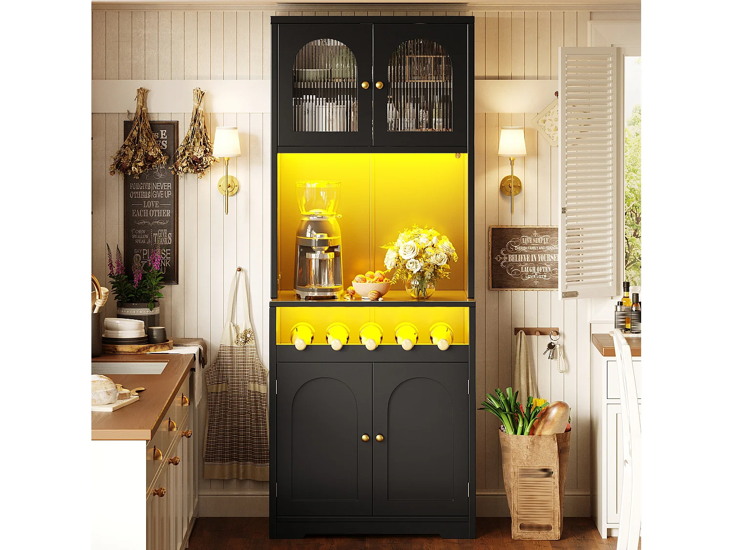 High kitchen sideboard with LED lighting, 4 curved doors and wine rack - MDF, glass and metal - 70 × 38.3 × 180 cm - Black