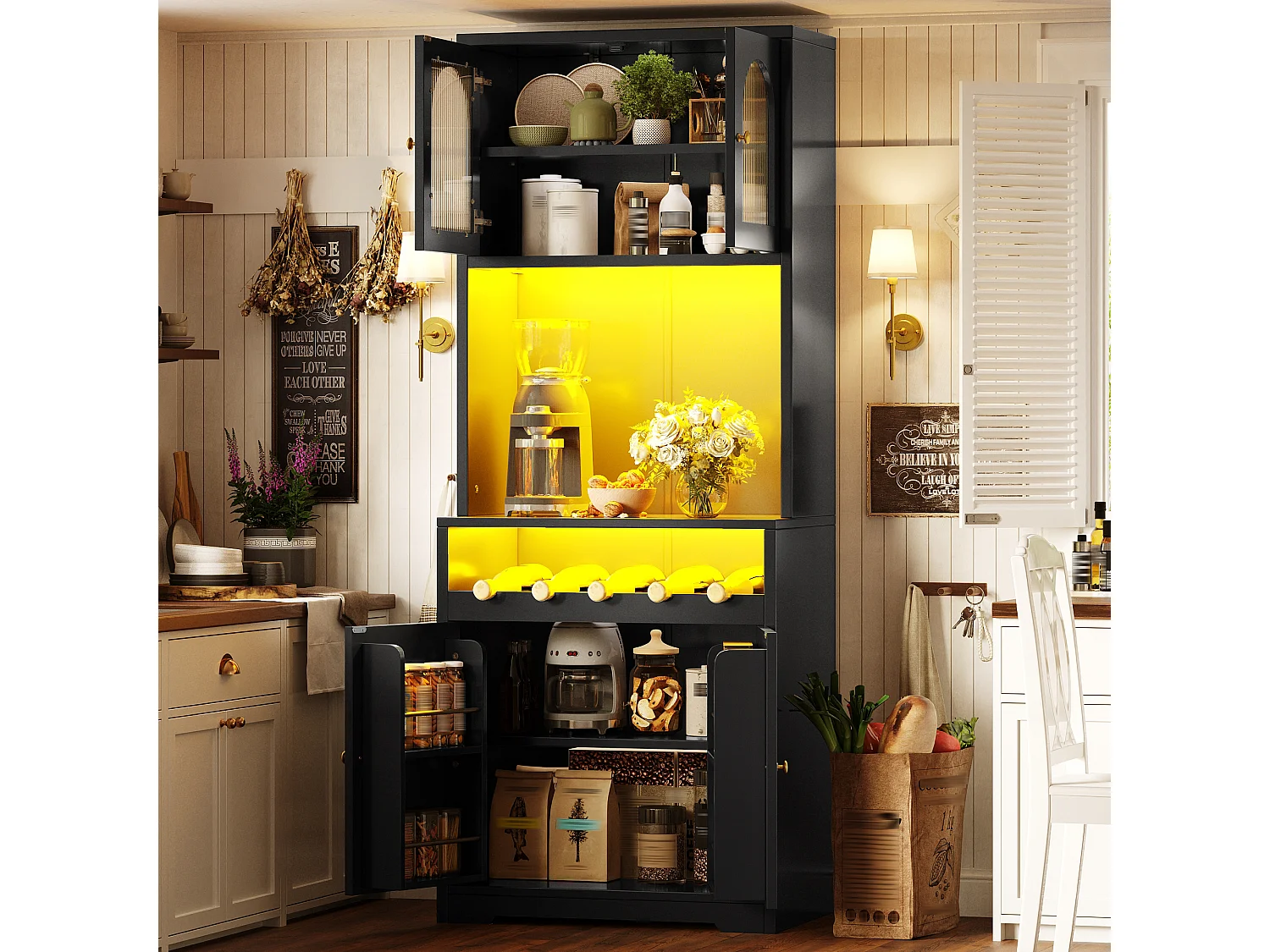 High kitchen sideboard with LED lighting, 4 curved doors and wine rack - MDF, glass and metal - 70 × 38.3 × 180 cm - Black