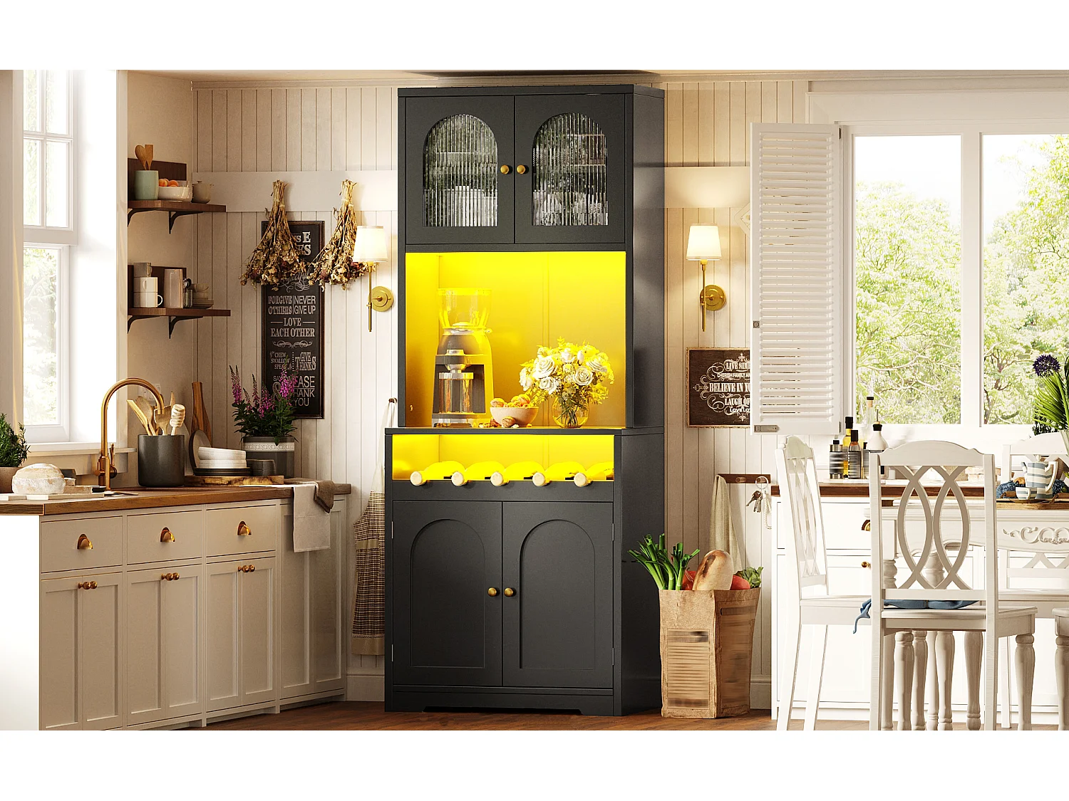 High kitchen sideboard with LED lighting, 4 curved doors and wine rack - MDF, glass and metal - 70 × 38.3 × 180 cm - Black