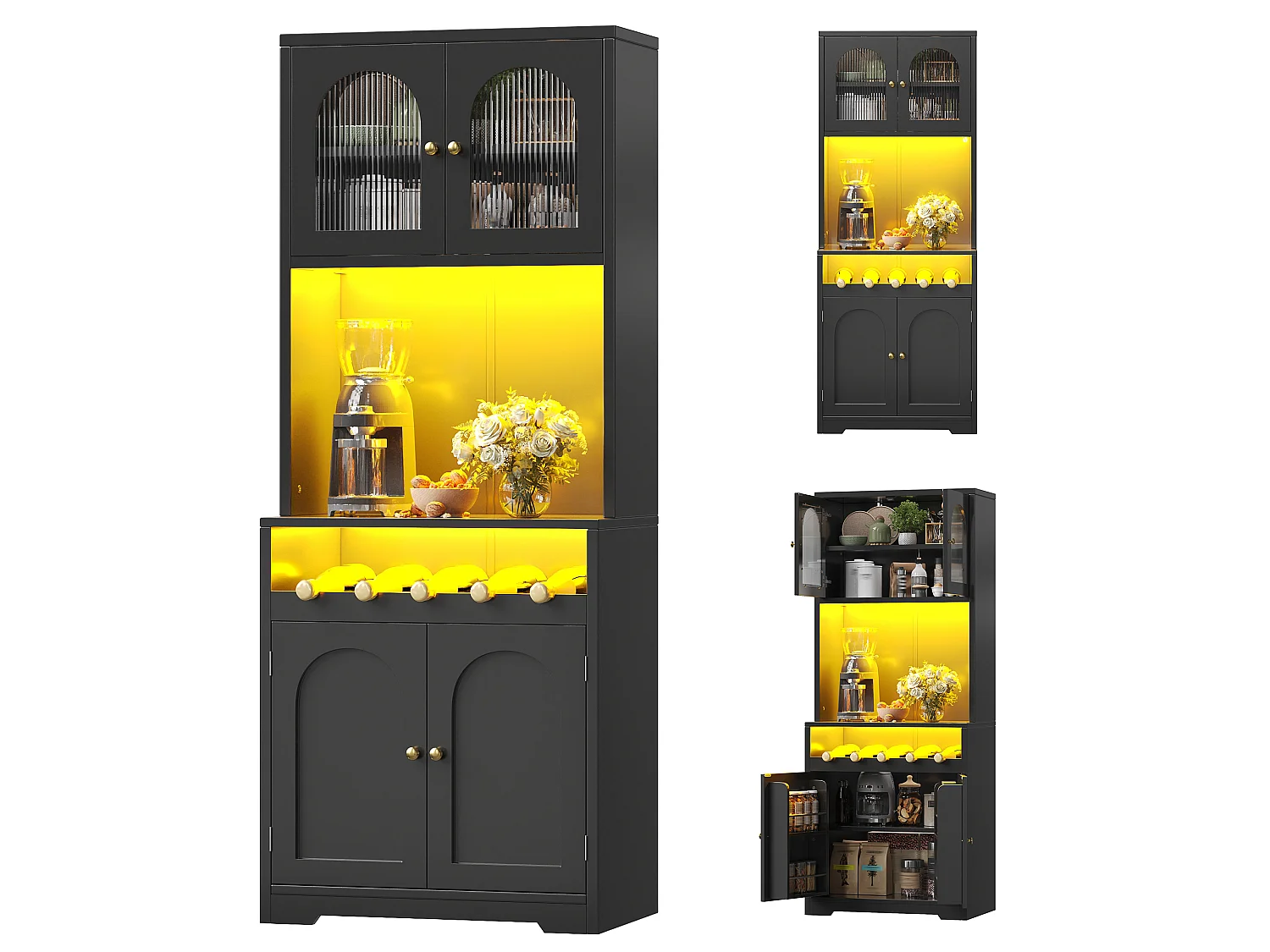 High kitchen sideboard with LED lighting, 4 curved doors and wine rack - MDF, glass and metal - 70 × 38.3 × 180 cm - Black