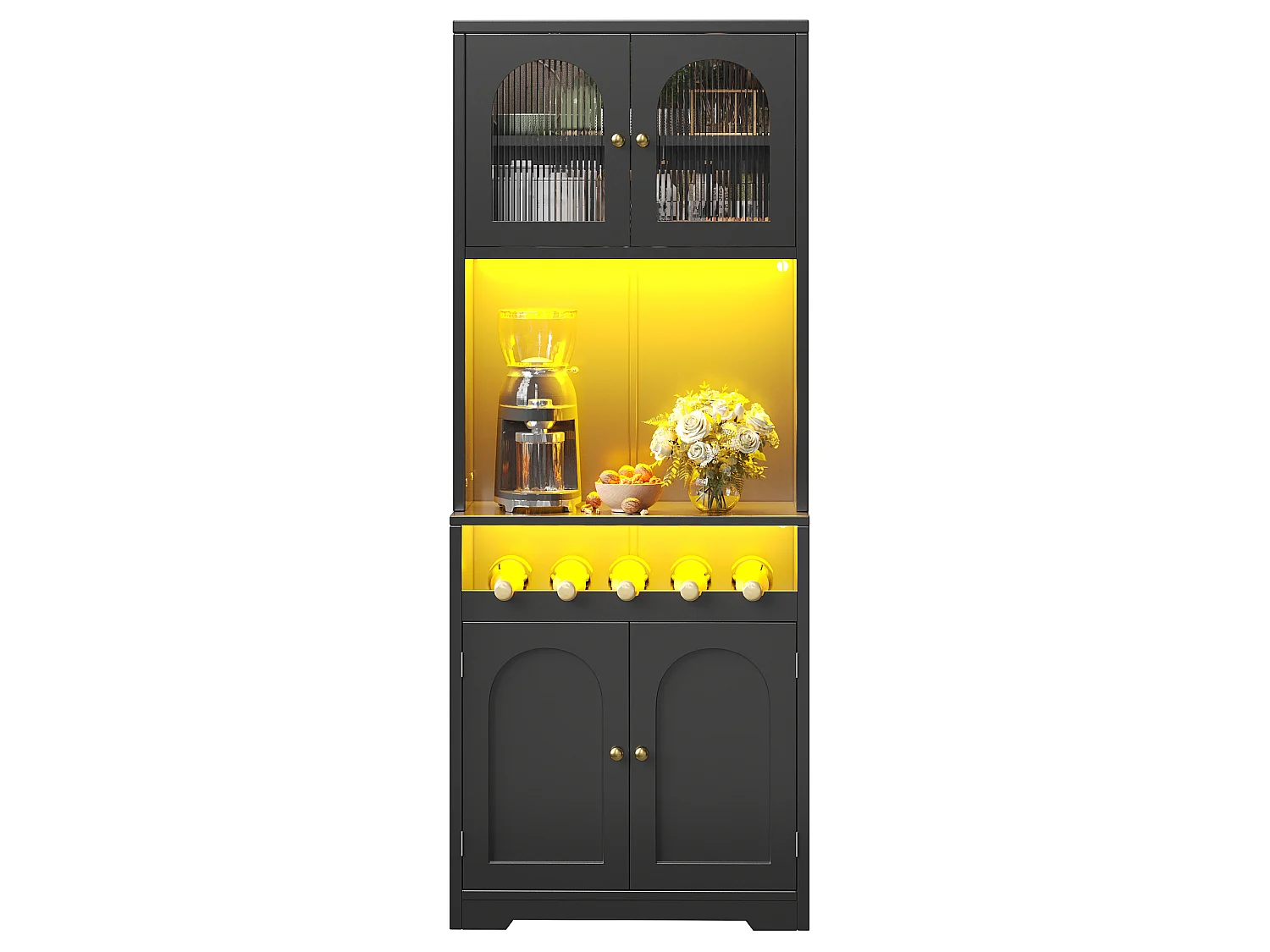 High kitchen sideboard with LED lighting, 4 curved doors and wine rack - MDF, glass and metal - 70 × 38.3 × 180 cm - Black
