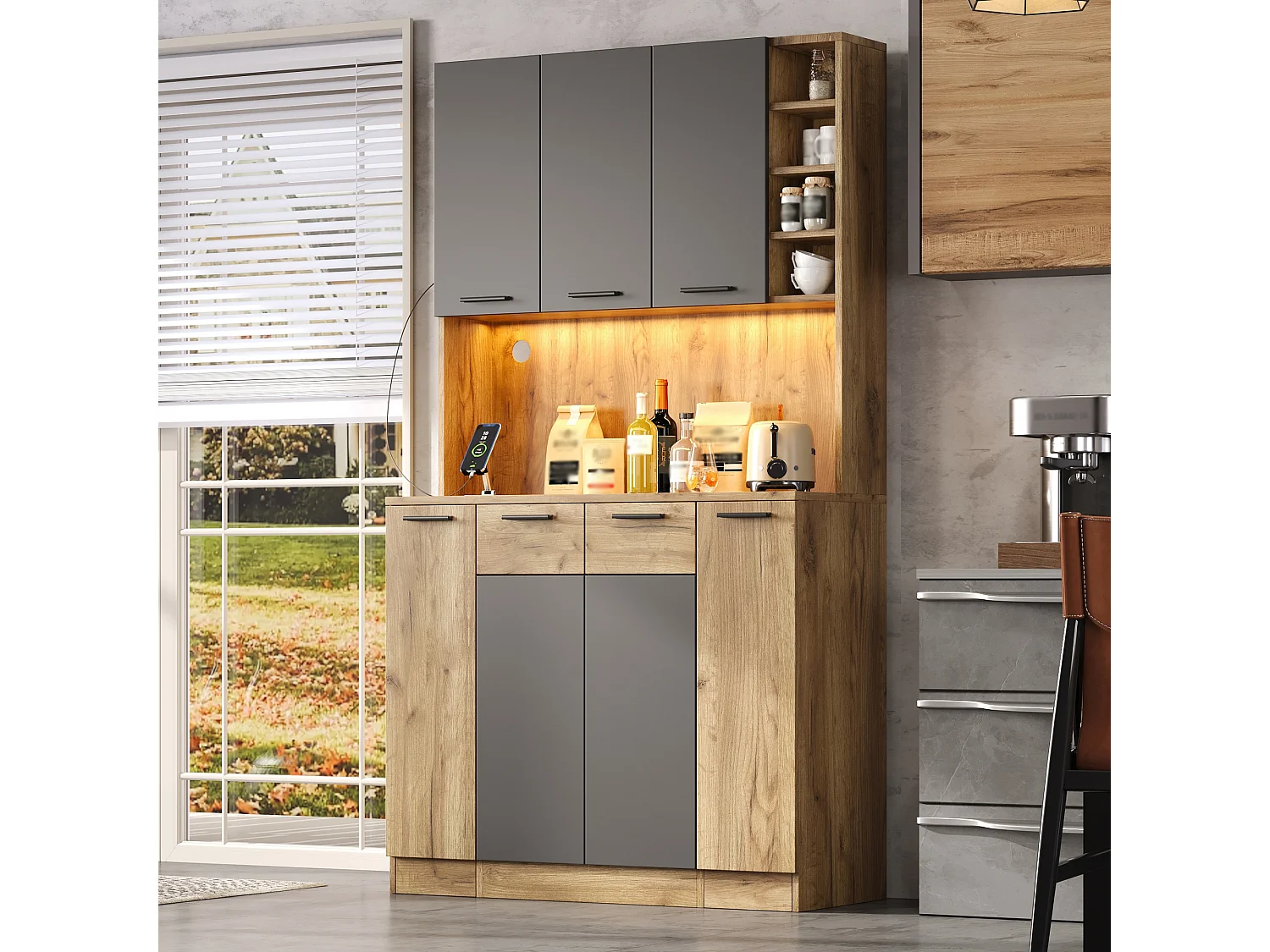 High kitchen sideboard with RGB LED lighting, electrical outlet, 4 drawers and 3 doors - MDF - 100 x 40 x 180 cm - Black and natural wood
