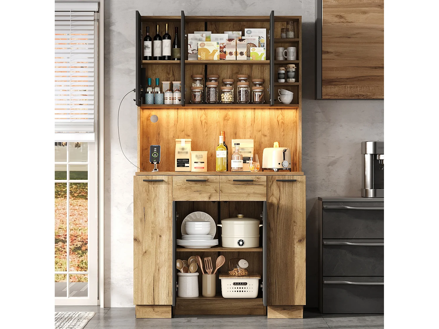 High kitchen sideboard with RGB LED lighting, electrical outlet, 4 drawers and 3 doors - MDF - 100 x 40 x 180 cm - Black and natural wood
