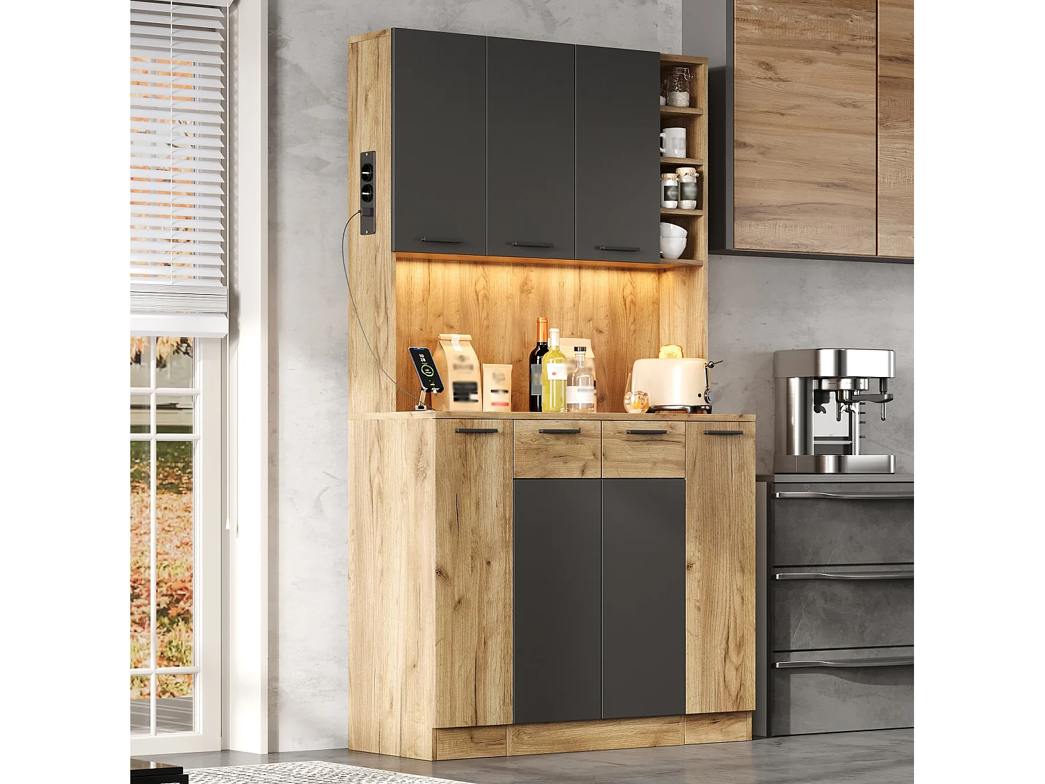 High kitchen sideboard with RGB LED lighting, electrical outlet, 4 drawers and 3 doors - MDF - 100 x 40 x 180 cm - Black and natural wood
