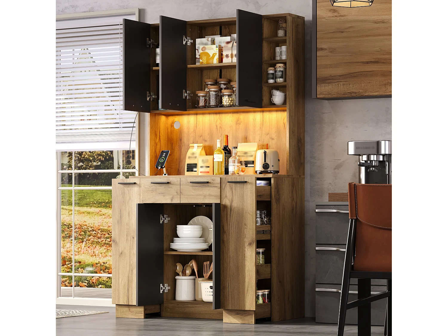 High kitchen sideboard with RGB LED lighting, electrical outlet, 4 drawers and 3 doors - MDF - 100 x 40 x 180 cm - Black and natural wood