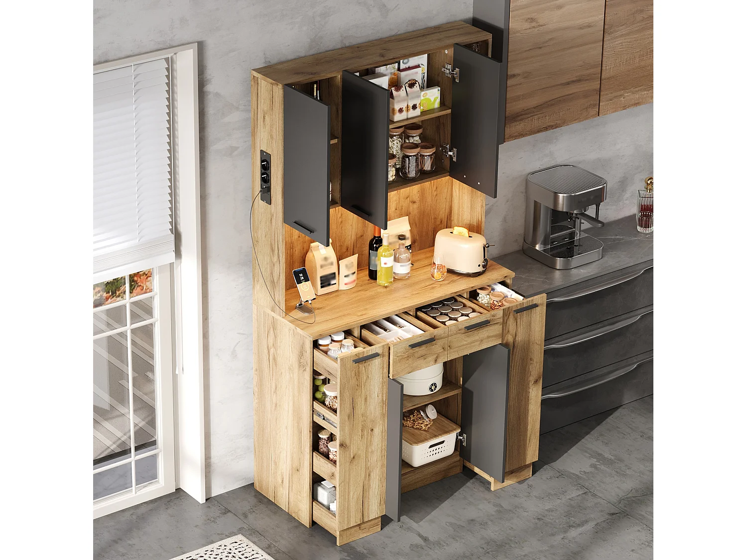 High kitchen sideboard with RGB LED lighting, electrical outlet, 4 drawers and 3 doors - MDF - 100 x 40 x 180 cm - Black and natural wood