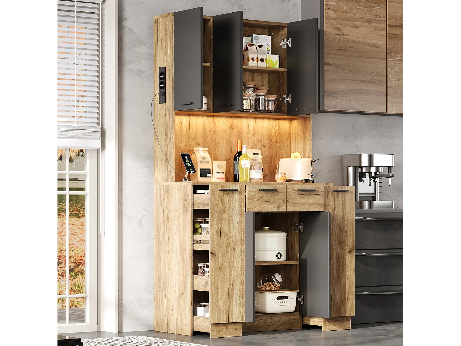 High kitchen sideboard with RGB LED lighting, electrical outlet, 4 drawers and 3 doors - MDF - 100 x 40 x 180 cm - Black and natural wood