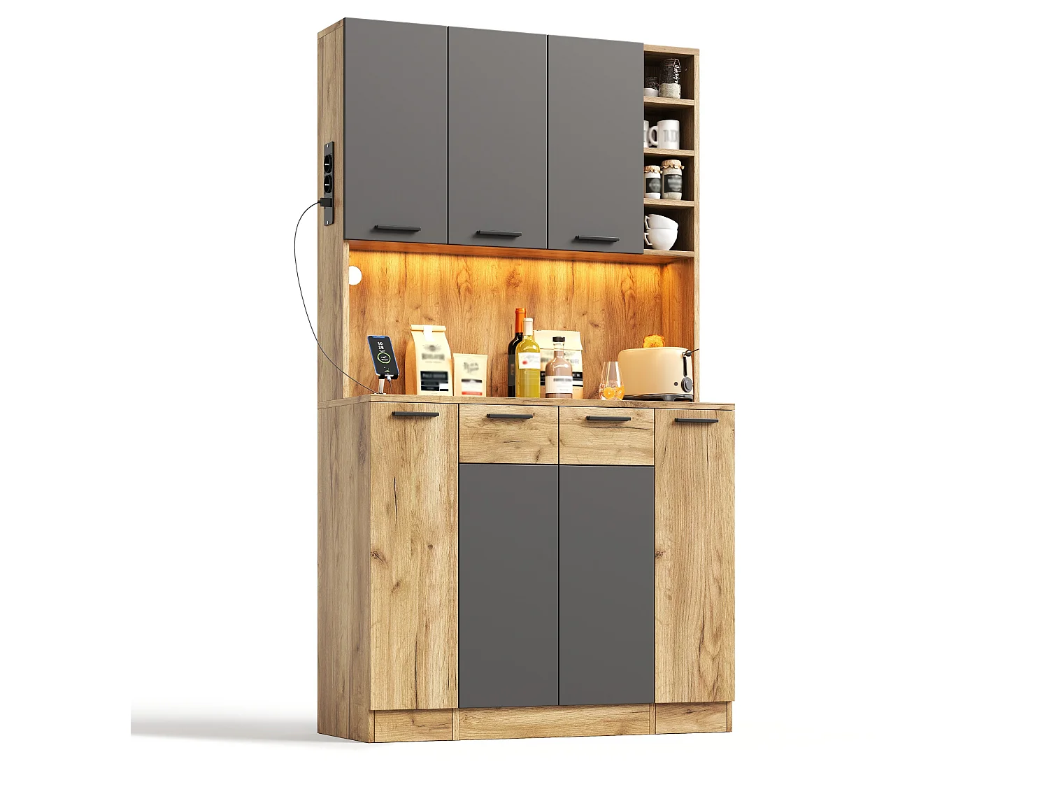 High kitchen sideboard with RGB LED lighting, electrical outlet, 4 drawers and 3 doors - MDF - 100 x 40 x 180 cm - Black and natural wood