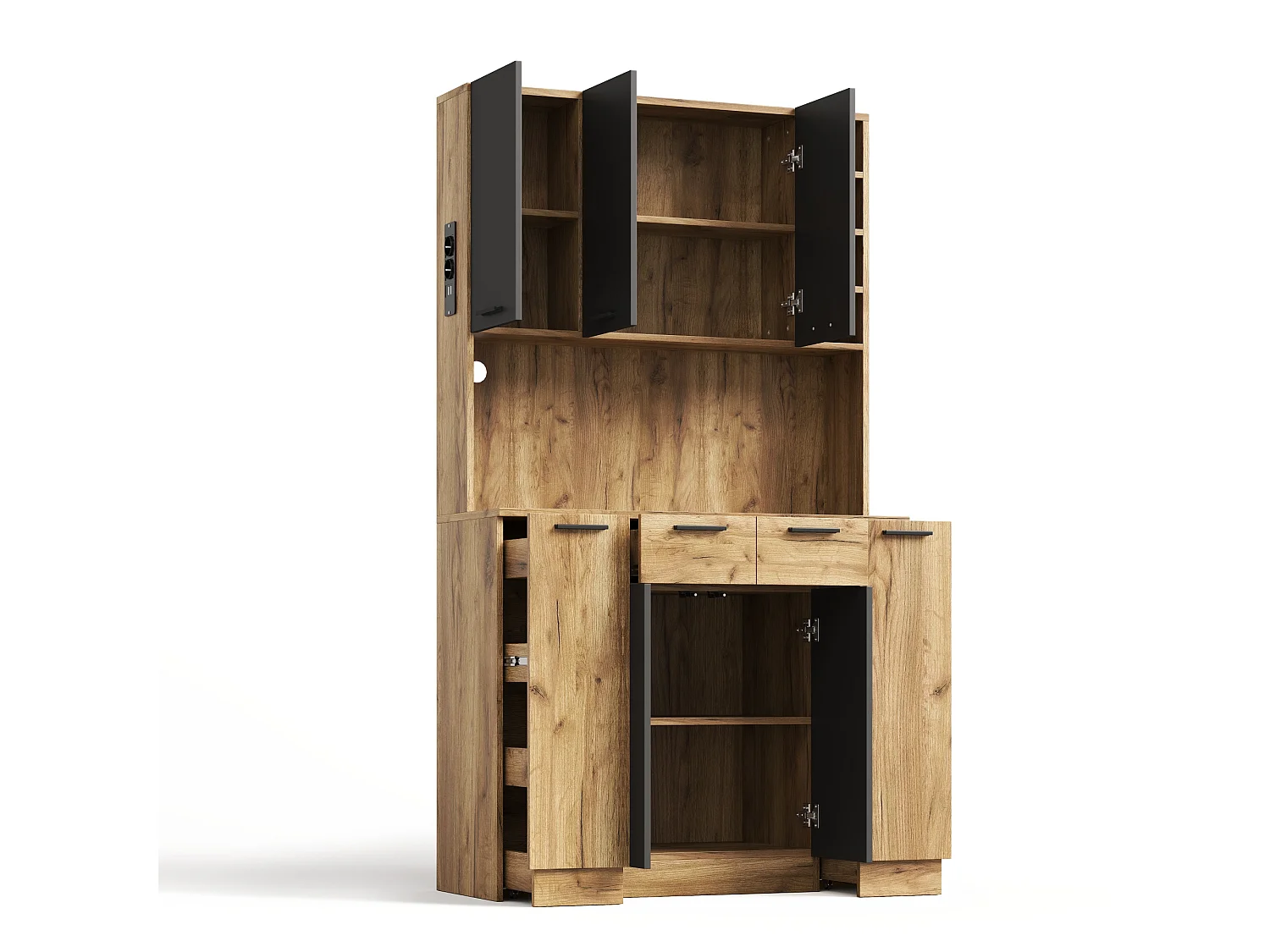 High kitchen sideboard with RGB LED lighting, electrical outlet, 4 drawers and 3 doors - MDF - 100 x 40 x 180 cm - Black and natural wood