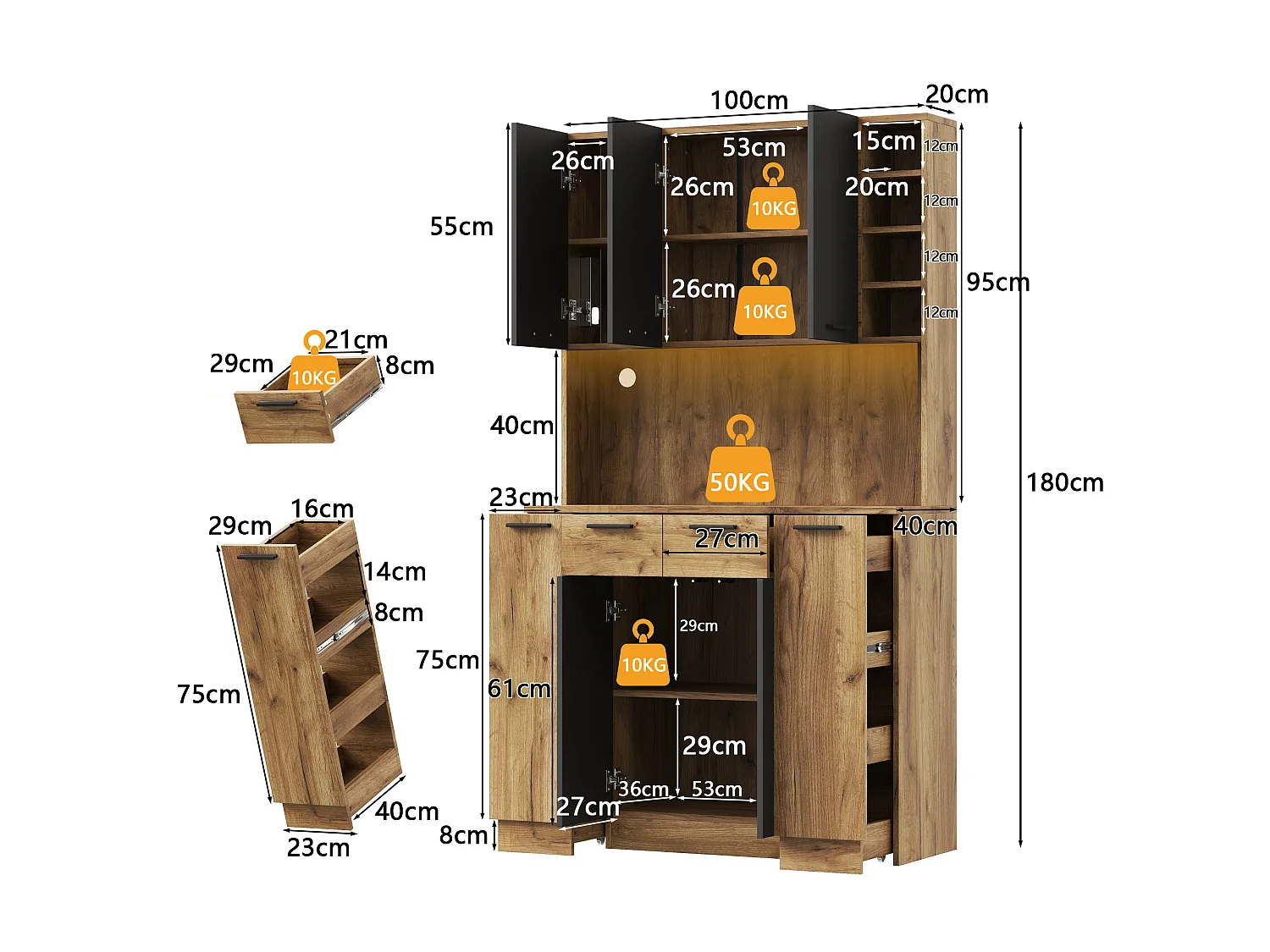 High kitchen sideboard with RGB LED lighting, electrical outlet, 4 drawers and 3 doors - MDF - 100 x 40 x 180 cm - Black and natural wood