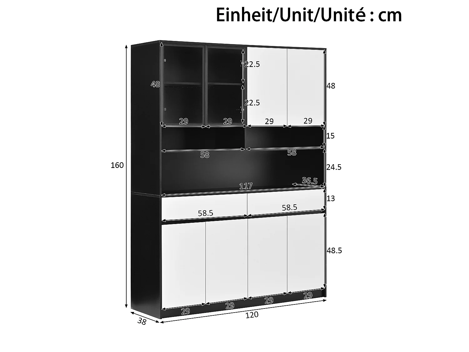 High kitchen sideboard with LED lighting, glass display case, open shelves, 8 doors and 2 drawers - MDF - 120 × 38 × 160 cm - Black and white