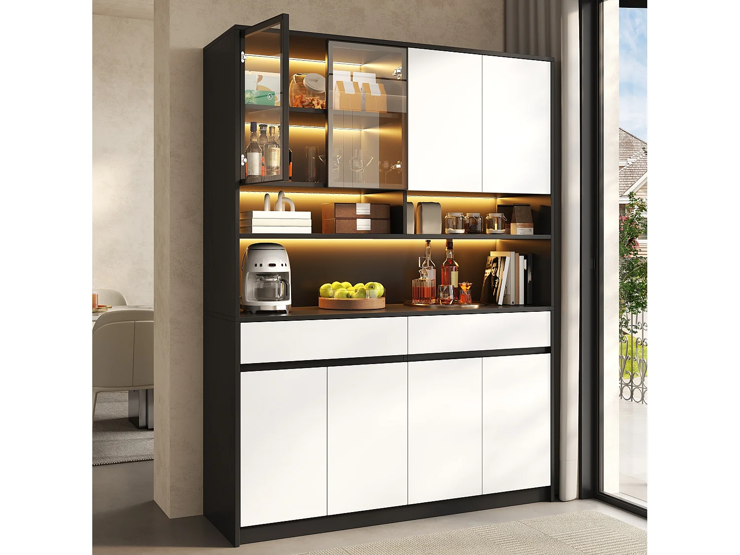 High kitchen sideboard with LED lighting, glass display case, open shelves, 8 doors and 2 drawers - MDF - 120 × 38 × 160 cm - Black and white