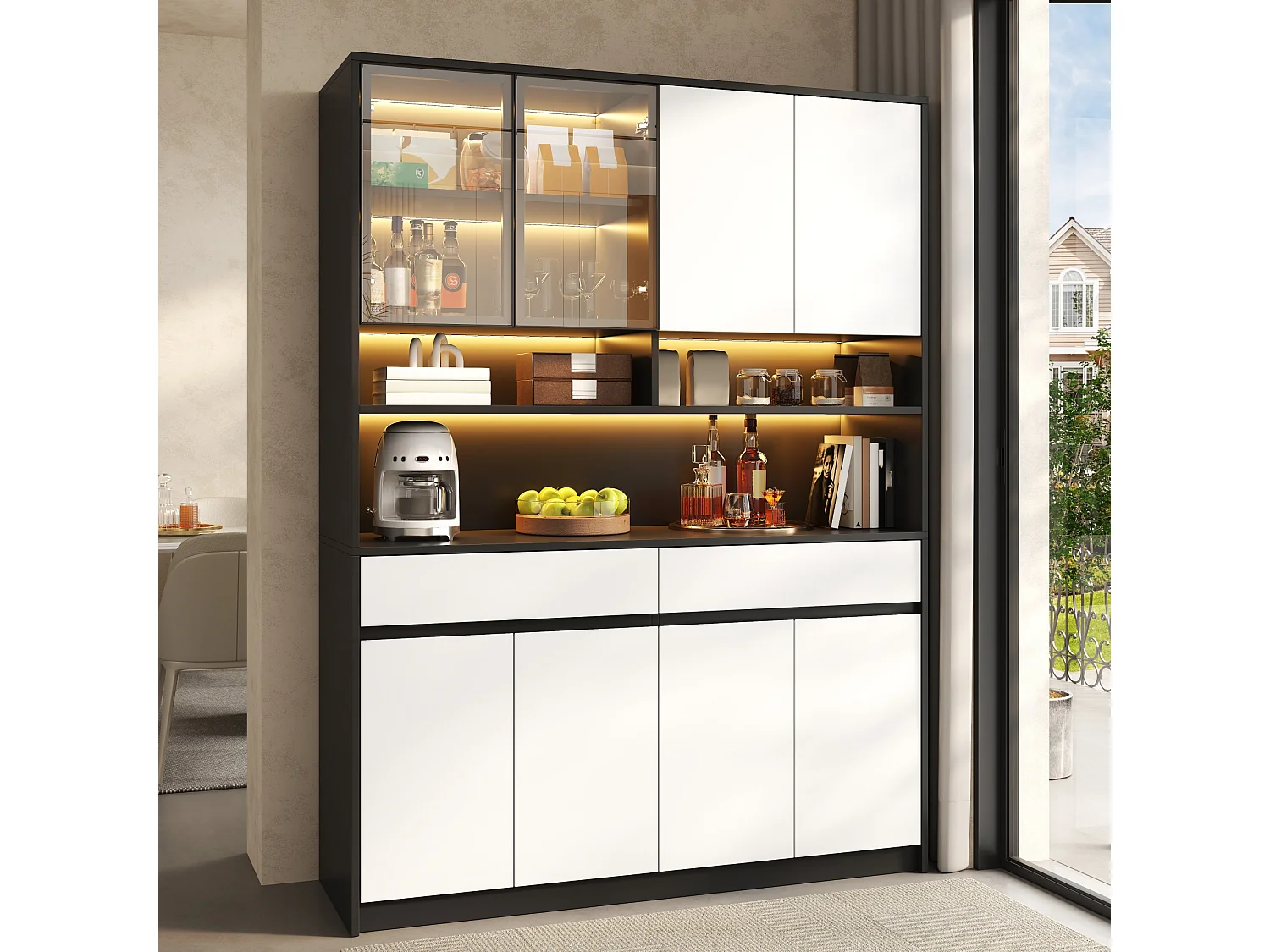 High kitchen sideboard with LED lighting, glass display case, open shelves, 8 doors and 2 drawers - MDF - 120 × 38 × 160 cm - Black and white