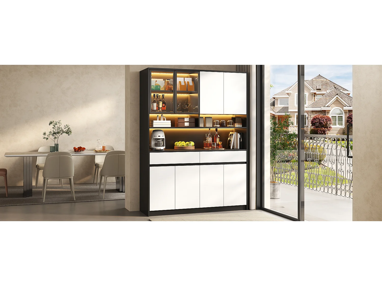 High kitchen sideboard with LED lighting, glass display case, open shelves, 8 doors and 2 drawers - MDF - 120 × 38 × 160 cm - Black and white