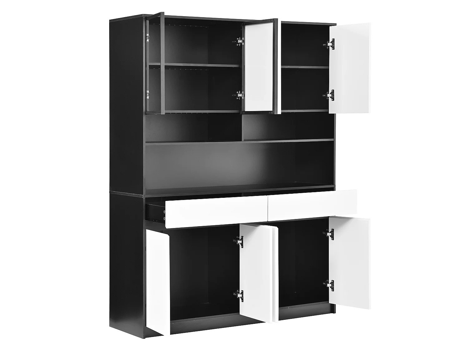 High kitchen sideboard with LED lighting, glass display case, open shelves, 8 doors and 2 drawers - MDF - 120 × 38 × 160 cm - Black and white