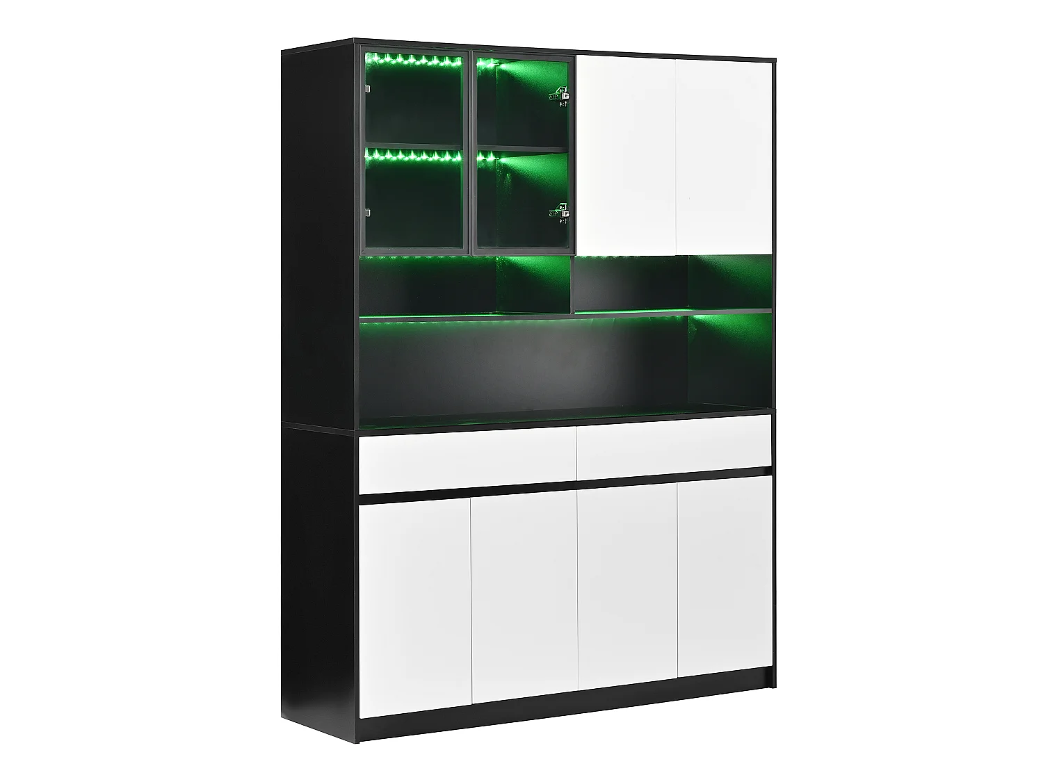 High kitchen sideboard with LED lighting, glass display case, open shelves, 8 doors and 2 drawers - MDF - 120 × 38 × 160 cm - Black and white