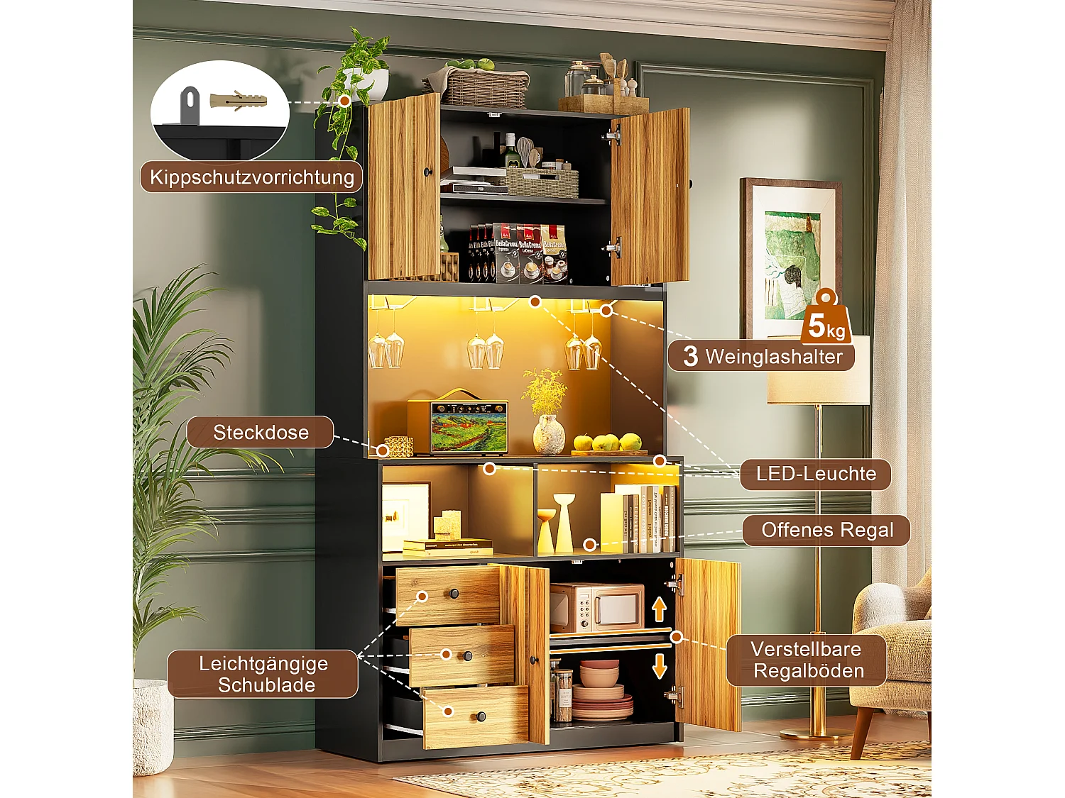 High kitchen sideboard with 5 doors, 1 drawer, LED lighting, electrical outlet, wine rack - MDF - 100 x 40 x 180 cm - Black and natural wood