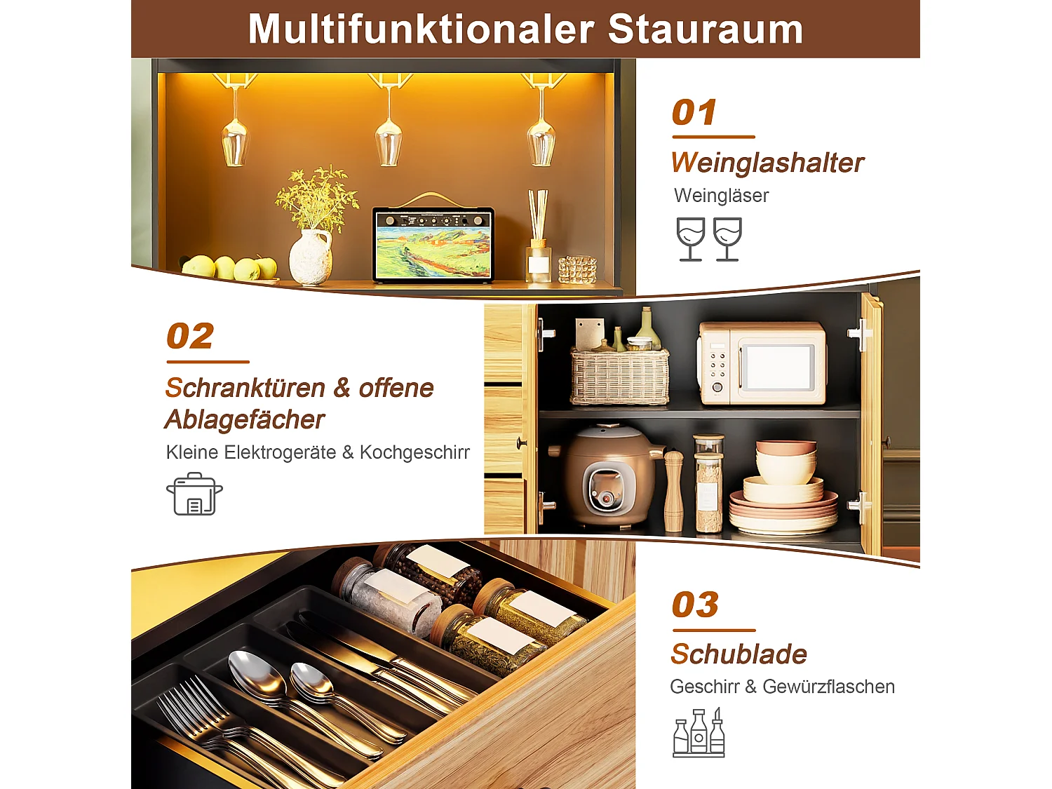 High kitchen sideboard with 5 doors, 1 drawer, LED lighting, electrical outlet, wine rack - MDF - 100 x 40 x 180 cm - Black and natural wood