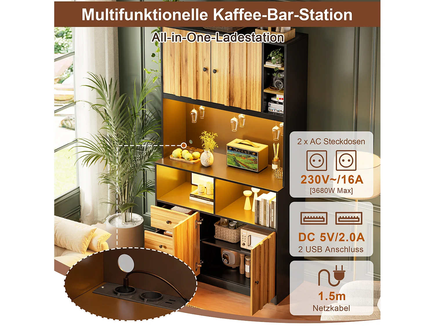 High kitchen sideboard with 5 doors, 1 drawer, LED lighting, electrical outlet, wine rack - MDF - 100 x 40 x 180 cm - Black and natural wood