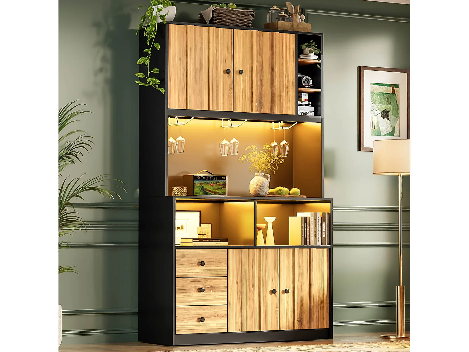 High kitchen sideboard with 5 doors, 1 drawer, LED lighting, electrical outlet, wine rack - MDF - 100 x 40 x 180 cm - Black and natural wood