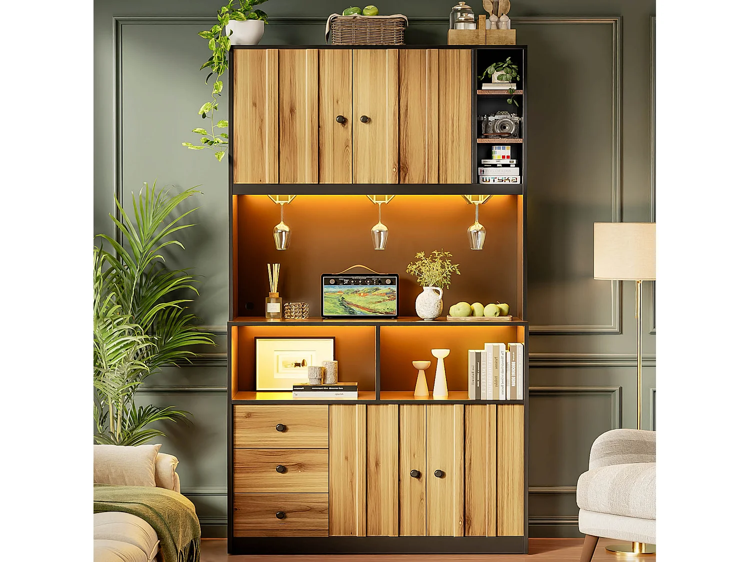 High kitchen sideboard with 5 doors, 1 drawer, LED lighting, electrical outlet, wine rack - MDF - 100 x 40 x 180 cm - Black and natural wood