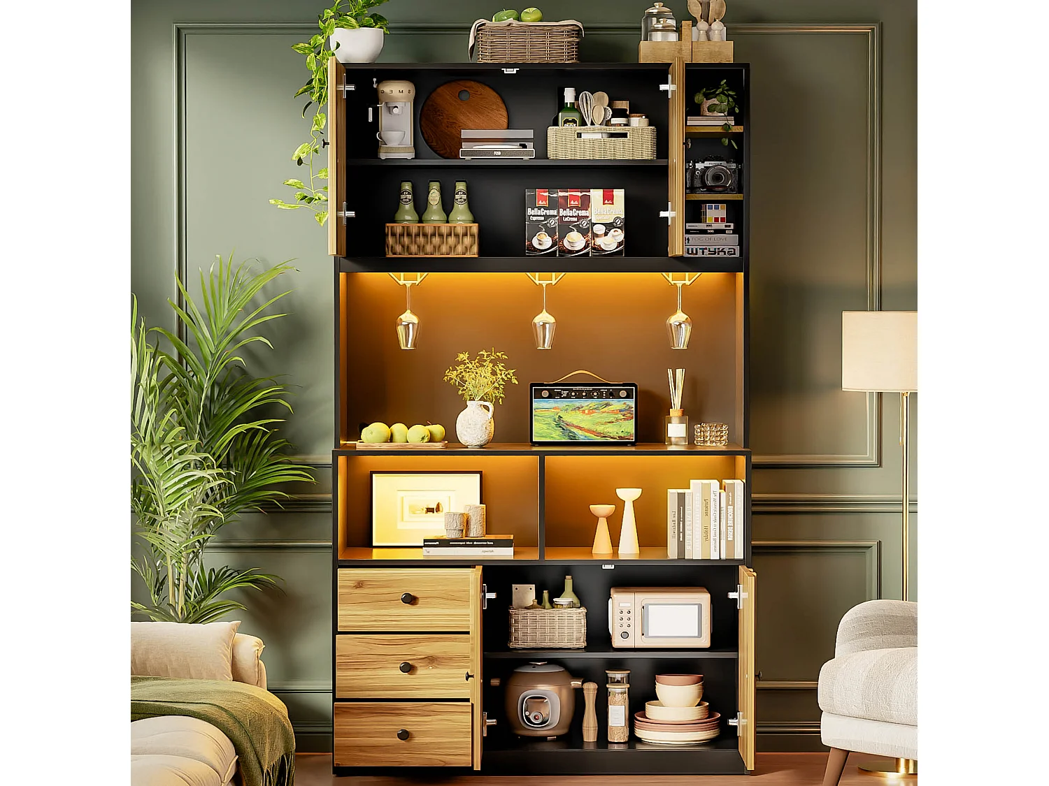 High kitchen sideboard with 5 doors, 1 drawer, LED lighting, electrical outlet, wine rack - MDF - 100 x 40 x 180 cm - Black and natural wood