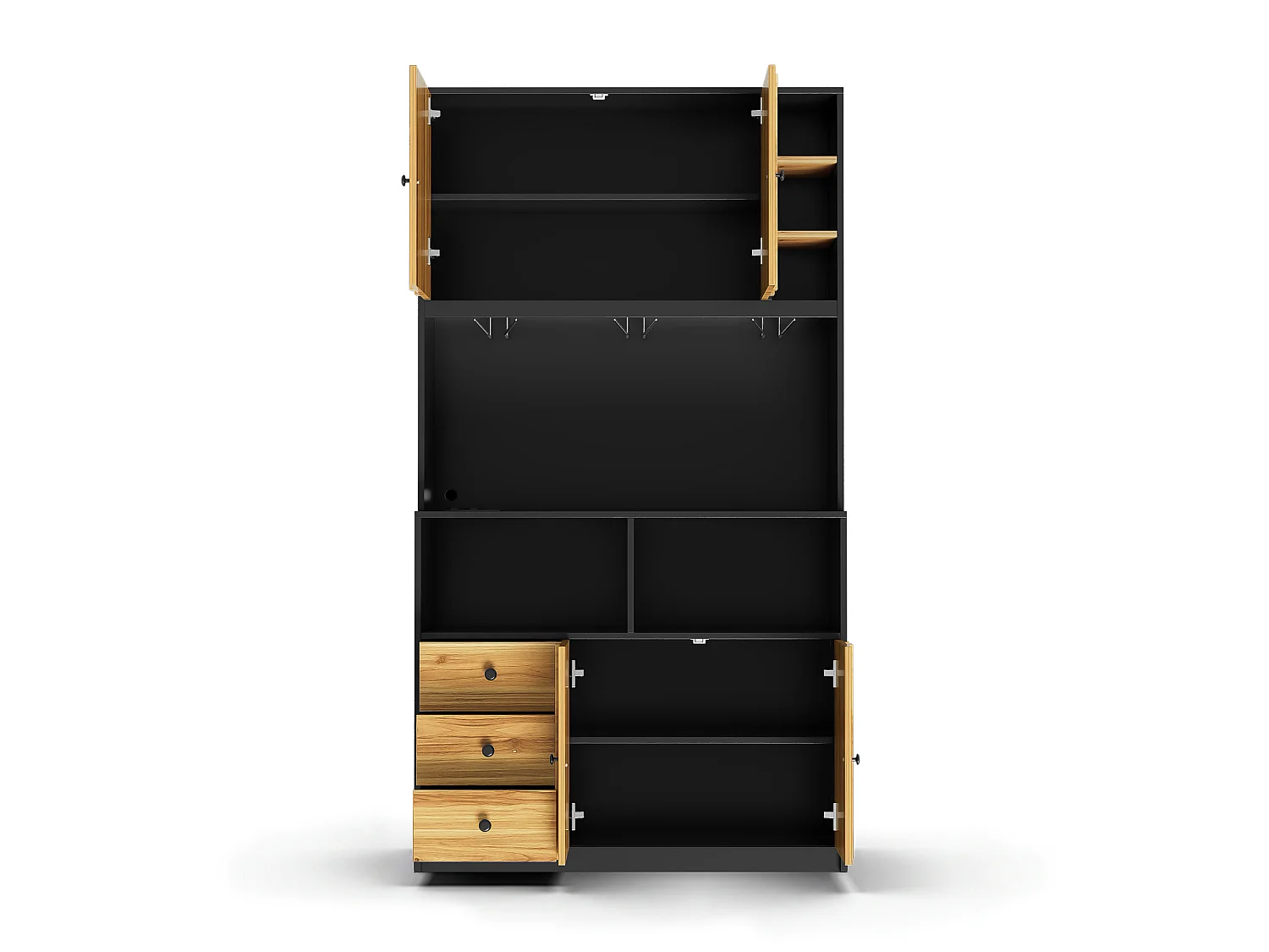 High kitchen sideboard with 5 doors, 1 drawer, LED lighting, electrical outlet, wine rack - MDF - 100 x 40 x 180 cm - Black and natural wood