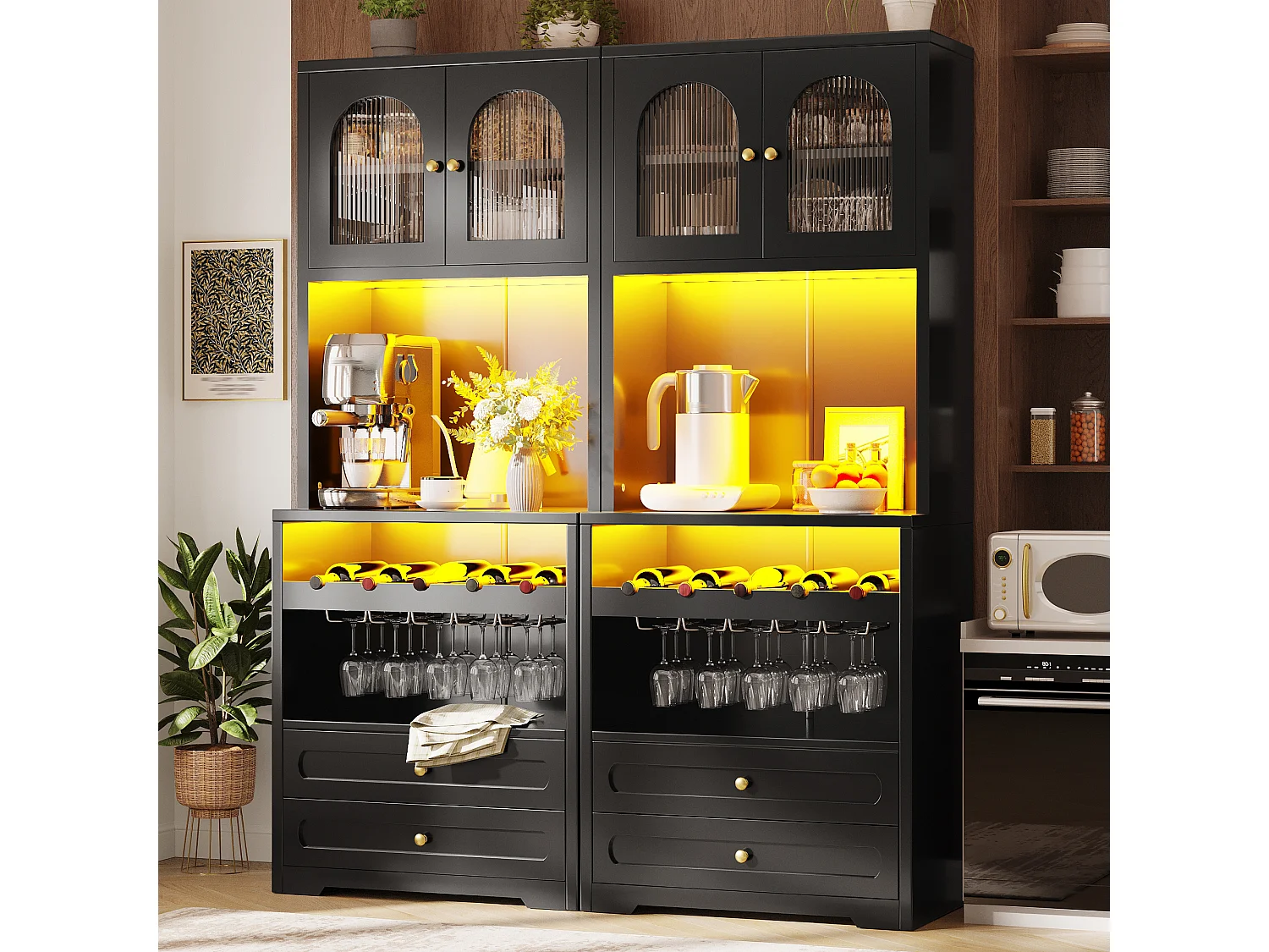 Set of 2 tall sideboards with 4 curved glass doors, 4 drawers, LED lighting and wine rack - MDF and metal - 140 × 40 × 180 cm - Black