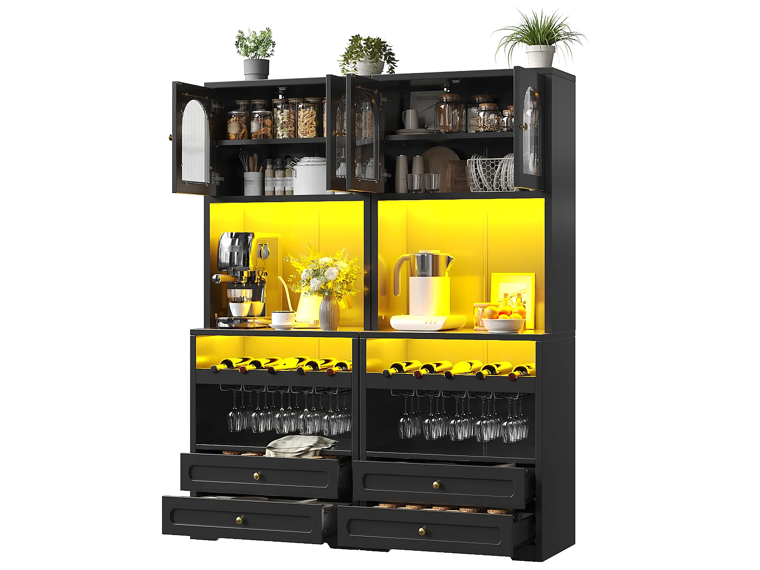 Set of 2 tall sideboards with 4 curved glass doors, 4 drawers, LED lighting and wine rack - MDF and metal - 140 × 40 × 180 cm - Black