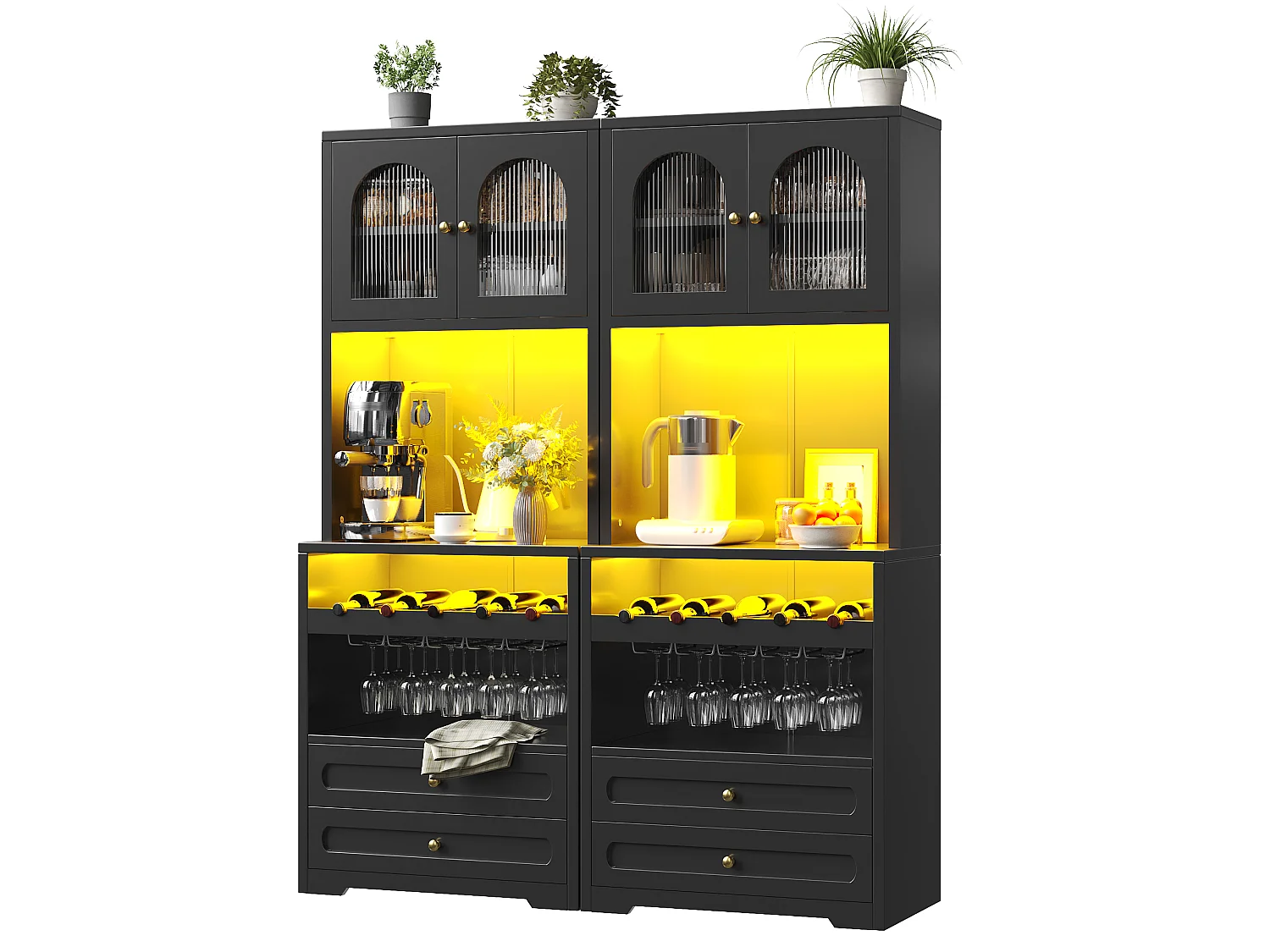 Set of 2 tall sideboards with 4 curved glass doors, 4 drawers, LED lighting and wine rack - MDF and metal - 140 × 40 × 180 cm - Black