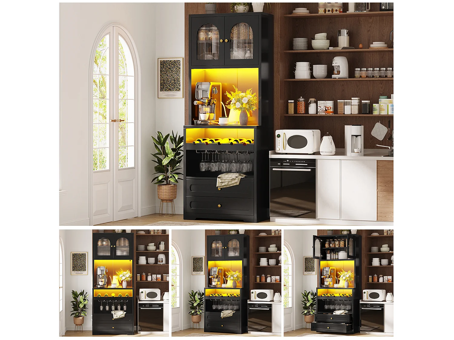 Set of 2 tall sideboards with 4 curved glass doors, 4 drawers, LED lighting and wine rack - MDF and metal - 140 × 40 × 180 cm - Black