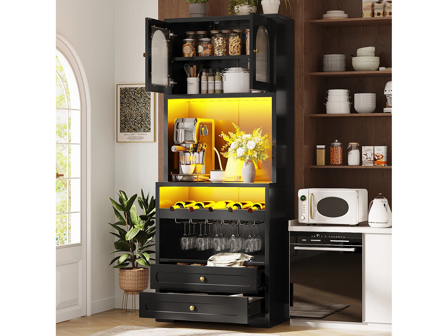 Set of 2 tall sideboards with 4 curved glass doors, 4 drawers, LED lighting and wine rack - MDF and metal - 140 × 40 × 180 cm - Black