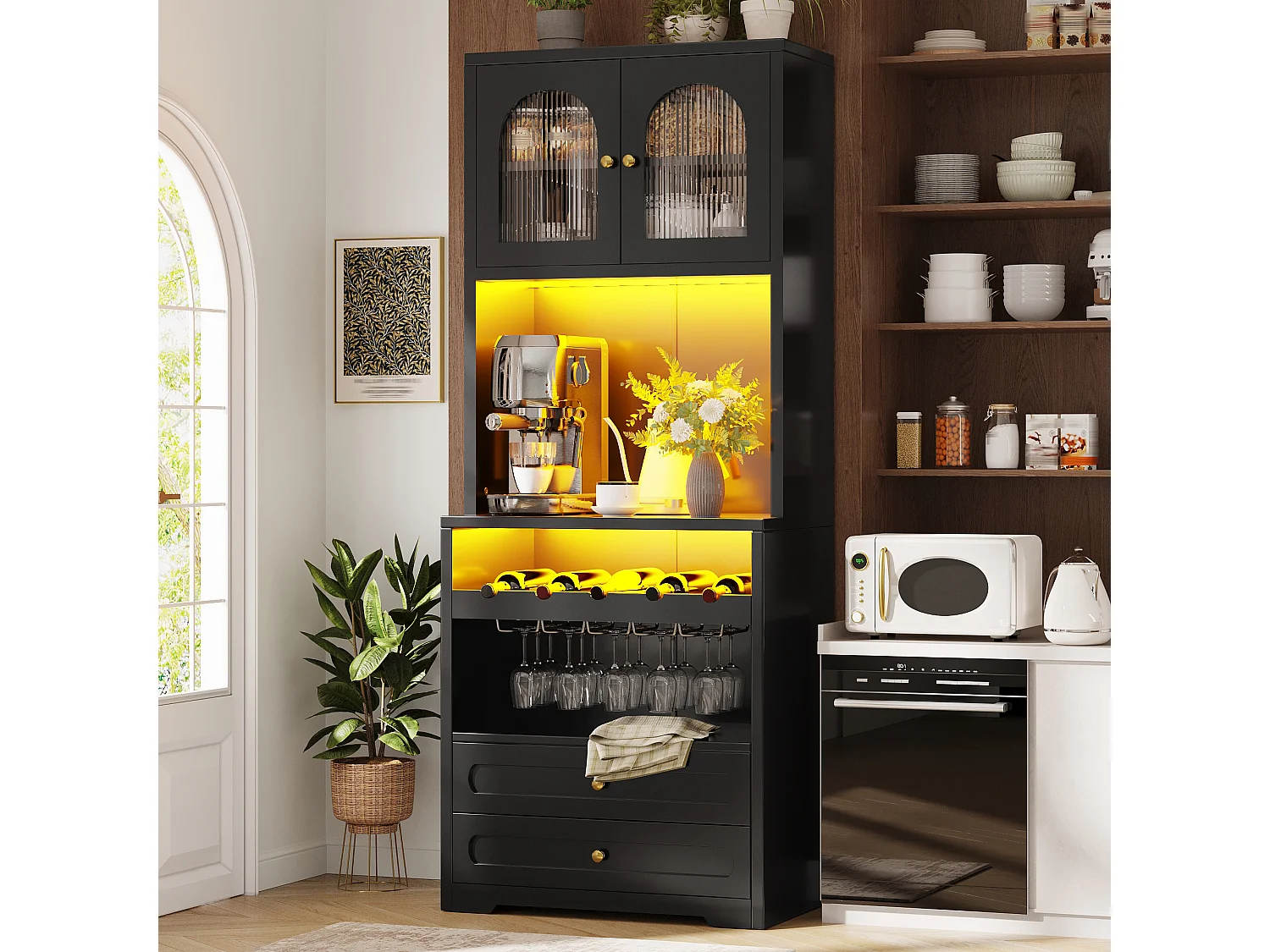 Set of 2 tall sideboards with 4 curved glass doors, 4 drawers, LED lighting and wine rack - MDF and metal - 140 × 40 × 180 cm - Black