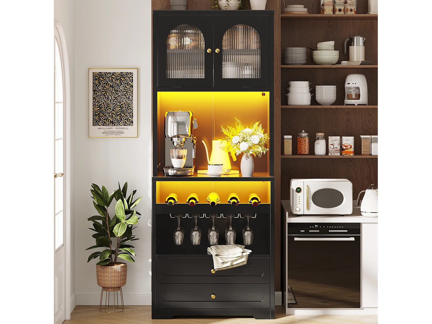 Set of 2 tall sideboards with 4 curved glass doors, 4 drawers, LED lighting and wine rack - MDF and metal - 140 × 40 × 180 cm - Black