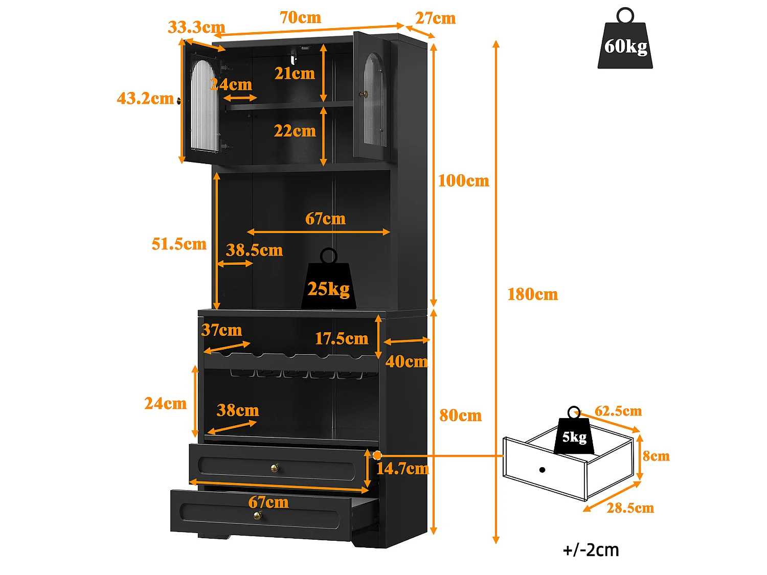 Set of 2 tall sideboards with 4 curved glass doors, 4 drawers, LED lighting and wine rack - MDF and metal - 140 × 40 × 180 cm - Black