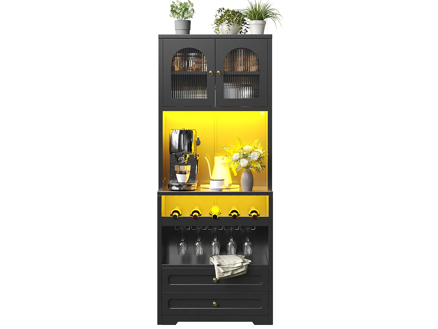 Set of 2 tall sideboards with 4 curved glass doors, 4 drawers, LED lighting and wine rack - MDF and metal - 140 × 40 × 180 cm - Black