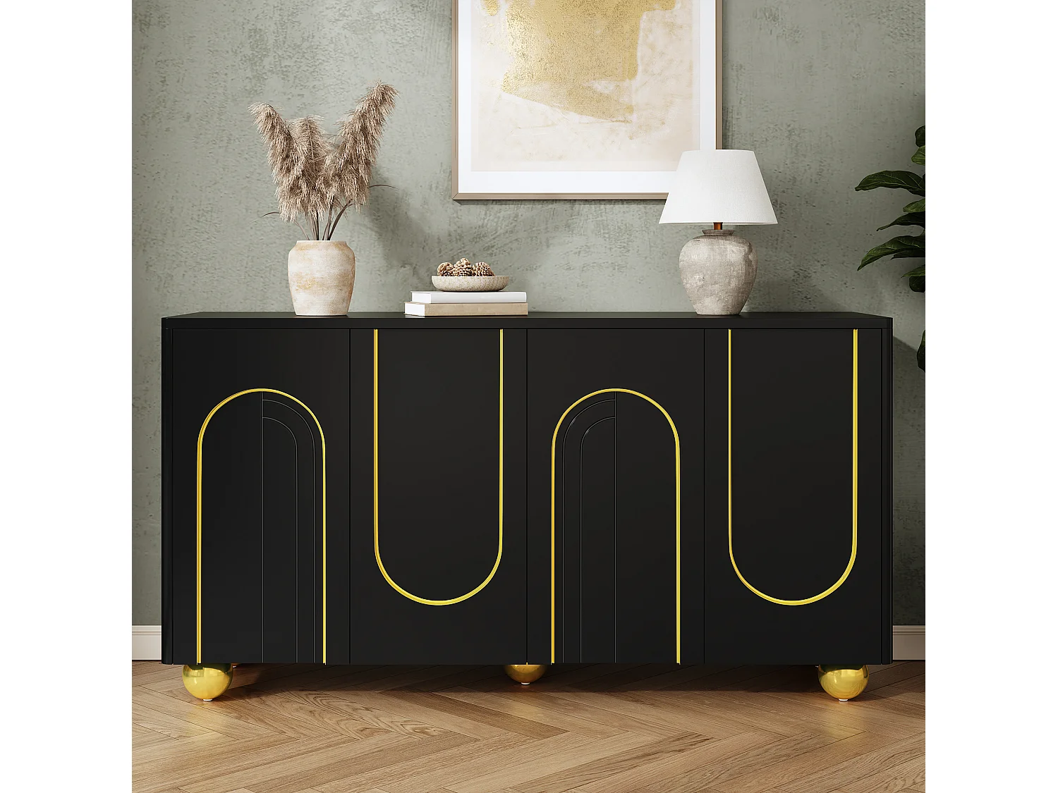 Four-door sideboard with gold arch motif and interior shelves - Particleboard and MDF - 140 × 40 × 74 cm - Black