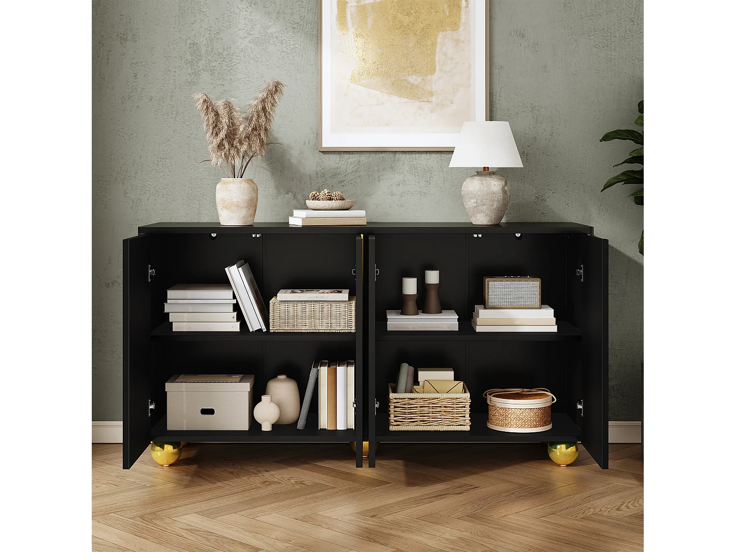 Four-door sideboard with gold arch motif and interior shelves - Particleboard and MDF - 140 × 40 × 74 cm - Black